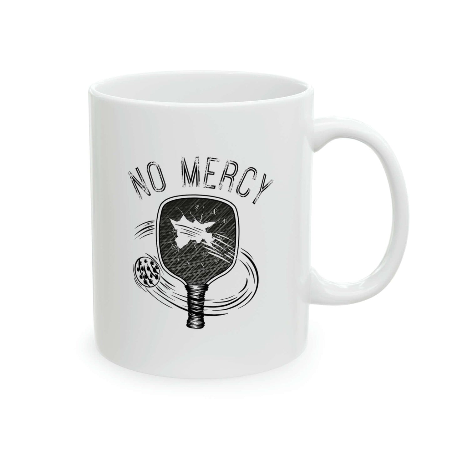 "No Mercy Pickleball Ceramic Mug 11oz with Paddle Design - BPA and Lead-Free, Microwave and Dishwasher Safe"