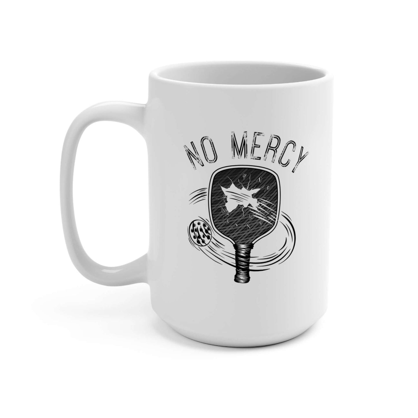 No Mercy Pickleball ceramic mug 15oz with paddle design, perfect for coffee lovers and pickleball enthusiasts.