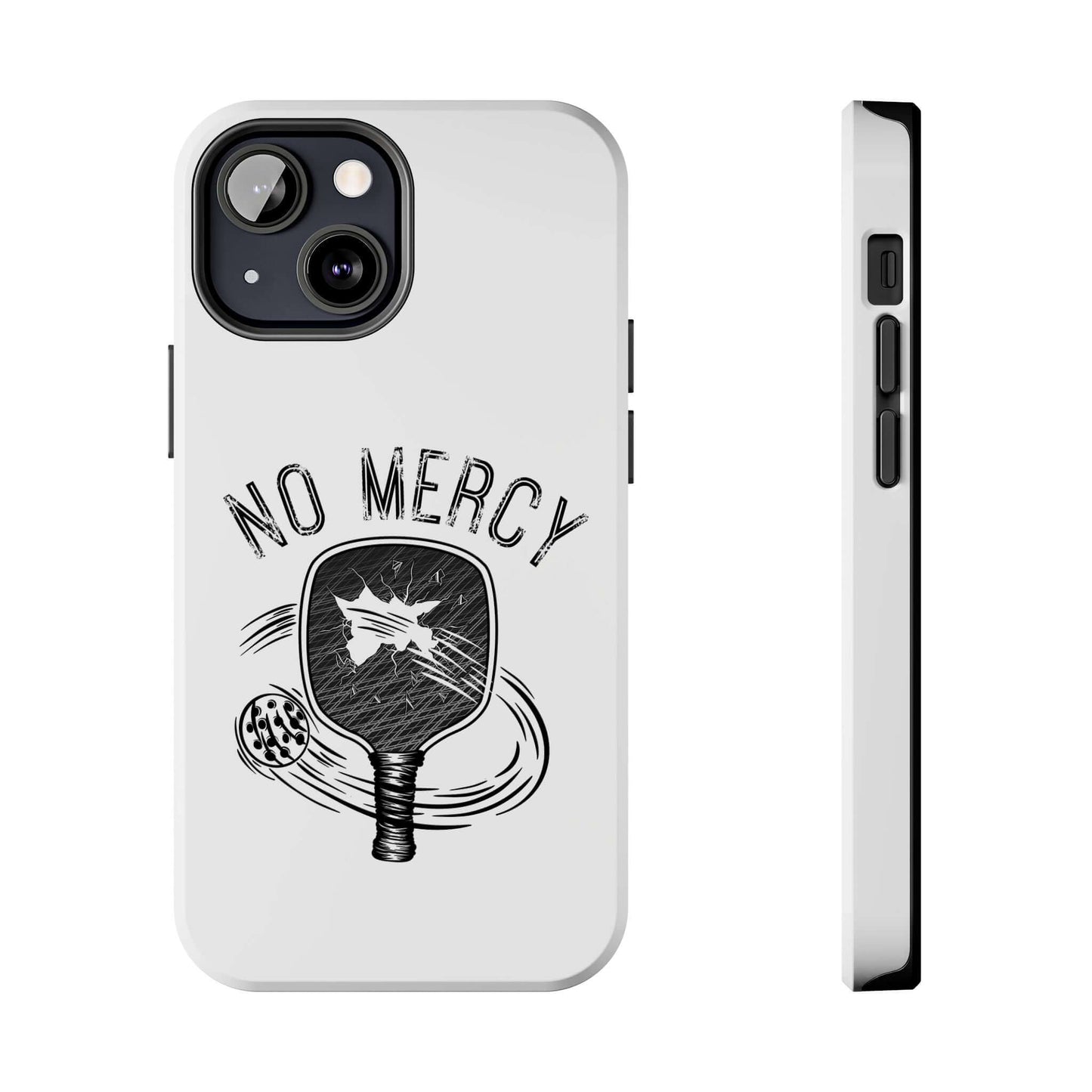 No Mercy Pickleball Series dual-layer iPhone case with durable polycarbonate shell, featuring striking pickleball paddle design.