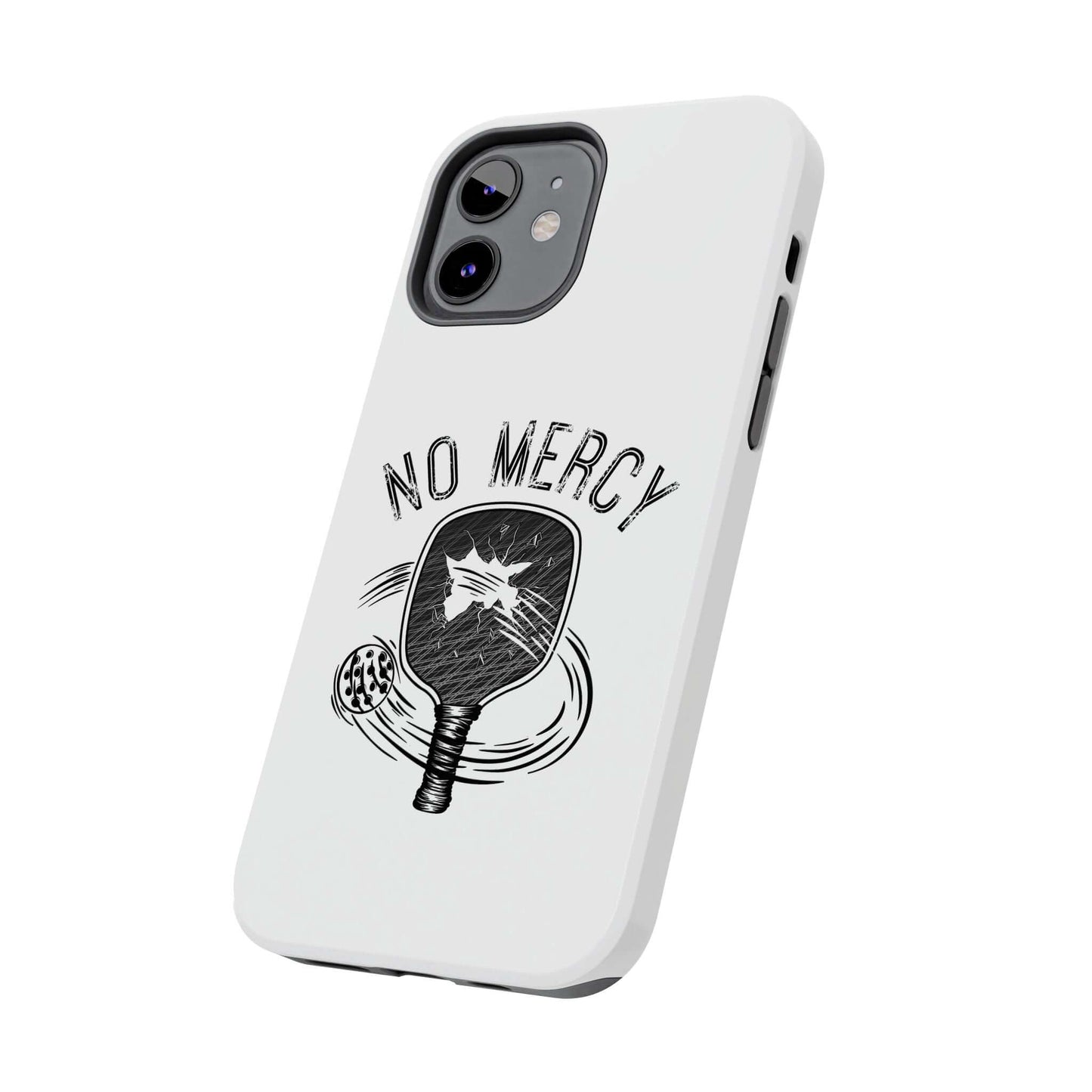 "No Mercy Pickleball Series phone case for Apple iPhone with dual-layer protection, featuring a pickleball paddle graphic design."