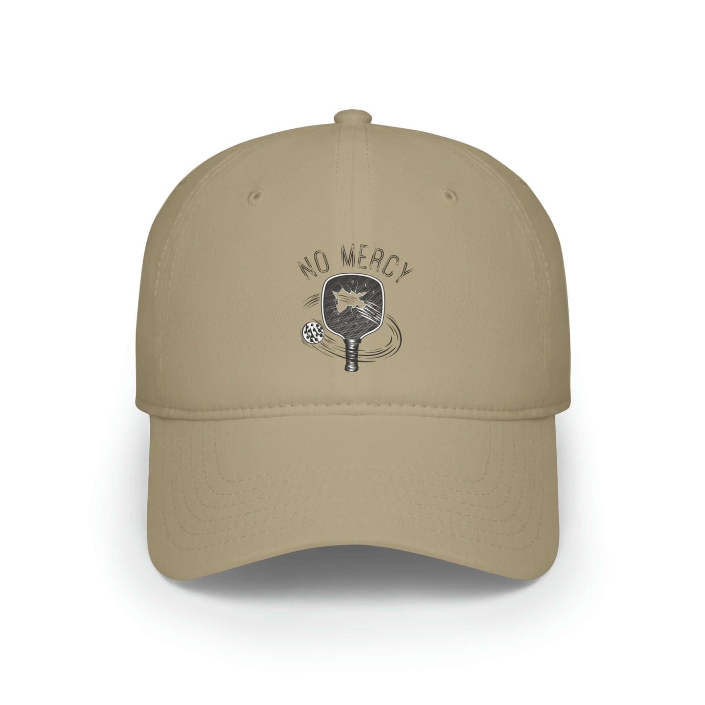 No Mercy Pickleball Series low-profile baseball cap in khaki with pickleball paddle and ball design.