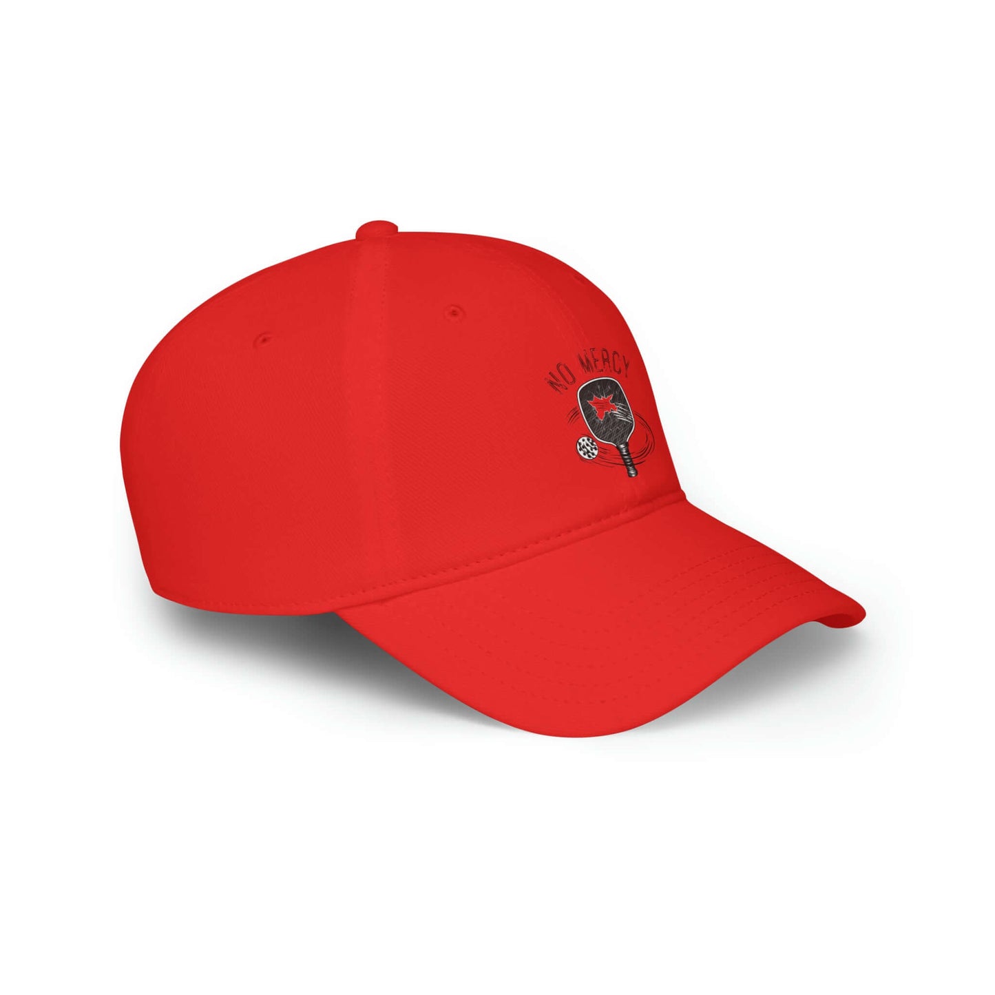 Red low-profile baseball cap from No Mercy Pickleball Series, featuring a stylish design suitable for sports enthusiasts.