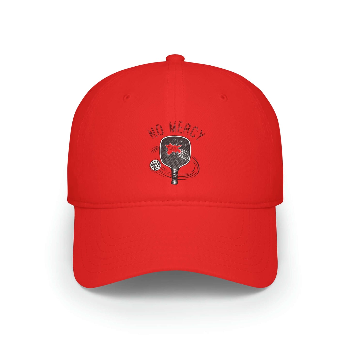 Red No Mercy Pickleball Series low-profile baseball cap, 100% cotton, perfect for sports enthusiasts and court style.