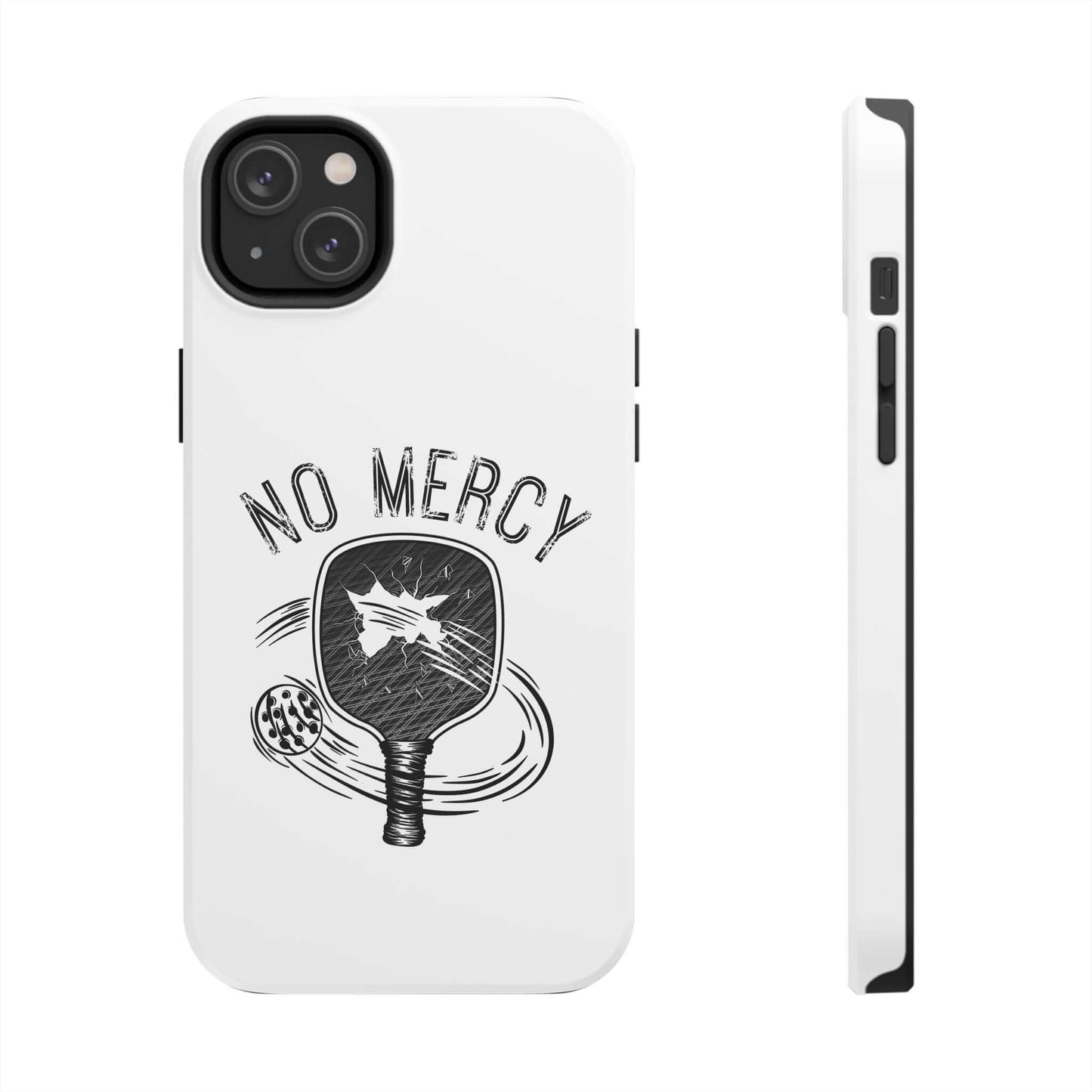 "No Mercy Pickleball series tough dual-layer phone case for Apple iPhone with pickleball paddle design by RND Power Solutions"