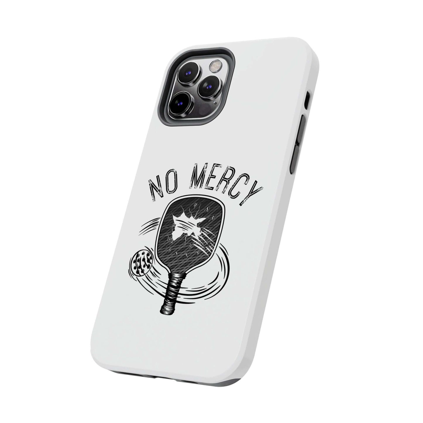 No Mercy Pickleball Series dual-layer phone case for Apple iPhone featuring pickleball paddle graphic design.