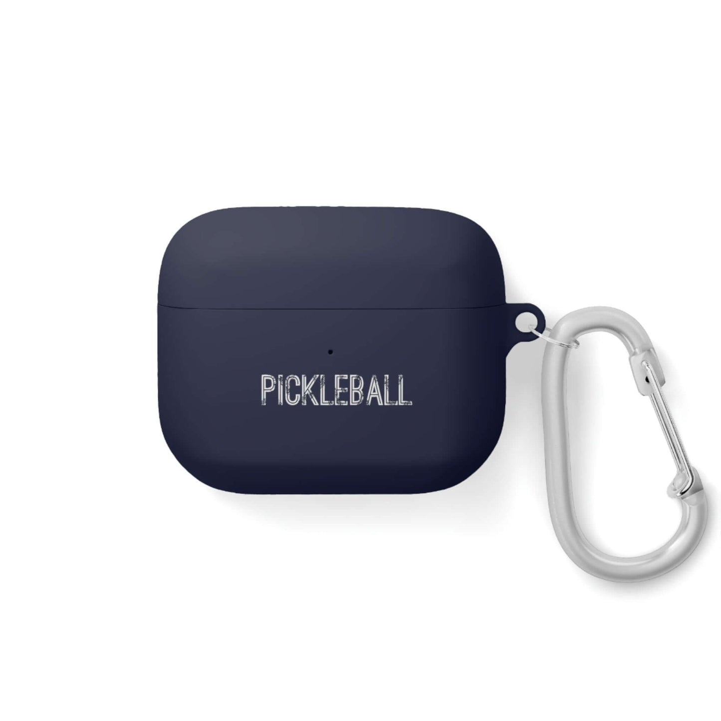 Navy AirPods Pro case cover with "Pickleball" design and attached metal carabiner for secure carrying during sports activities.