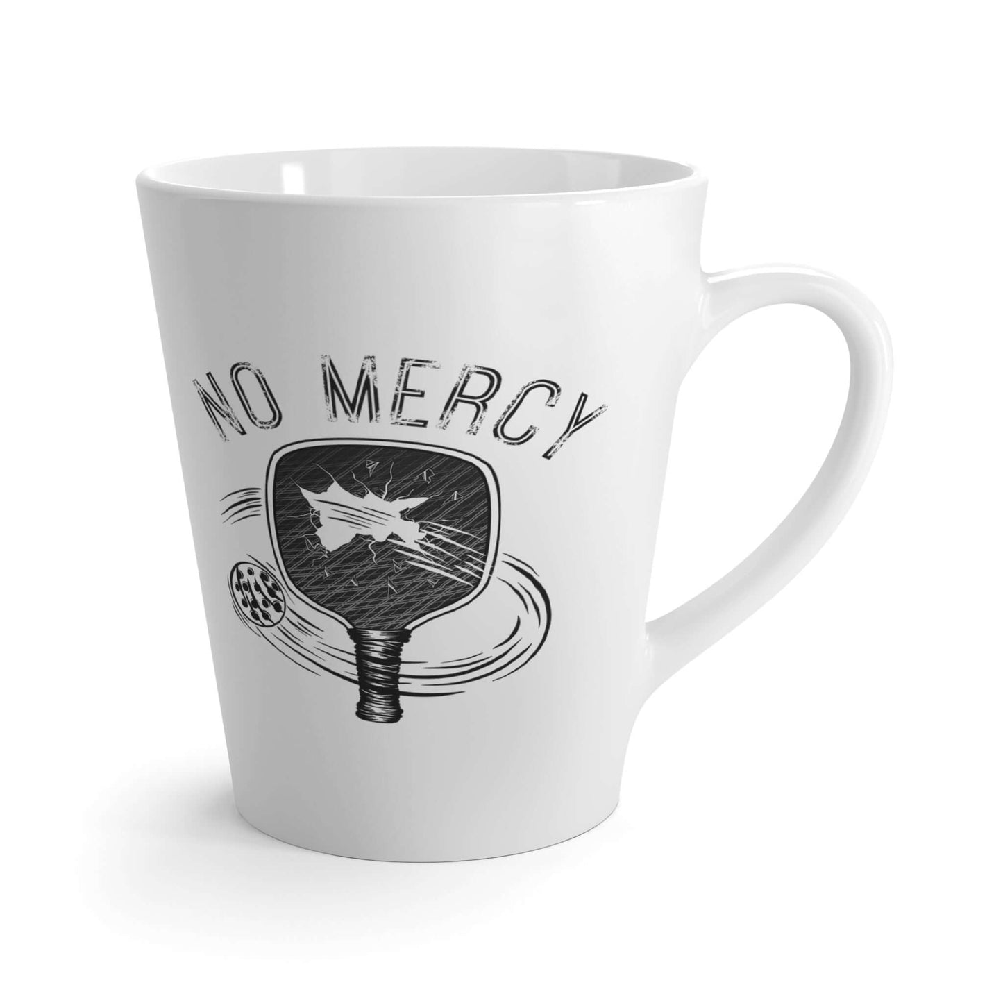 Ceramic latte mug with No Mercy pickleball design, ideal for coffee lovers.