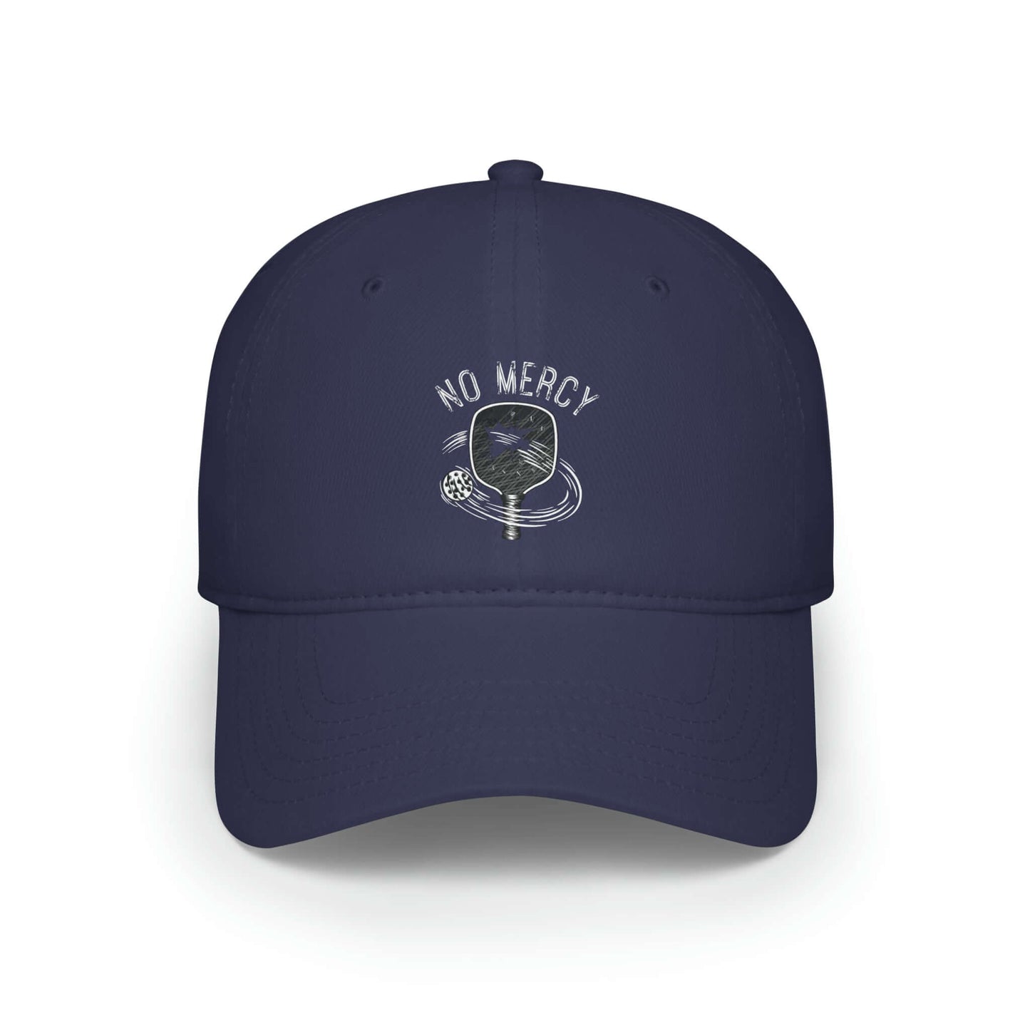 "No Mercy Pickleball low-profile baseball cap in navy blue with embroidered design"