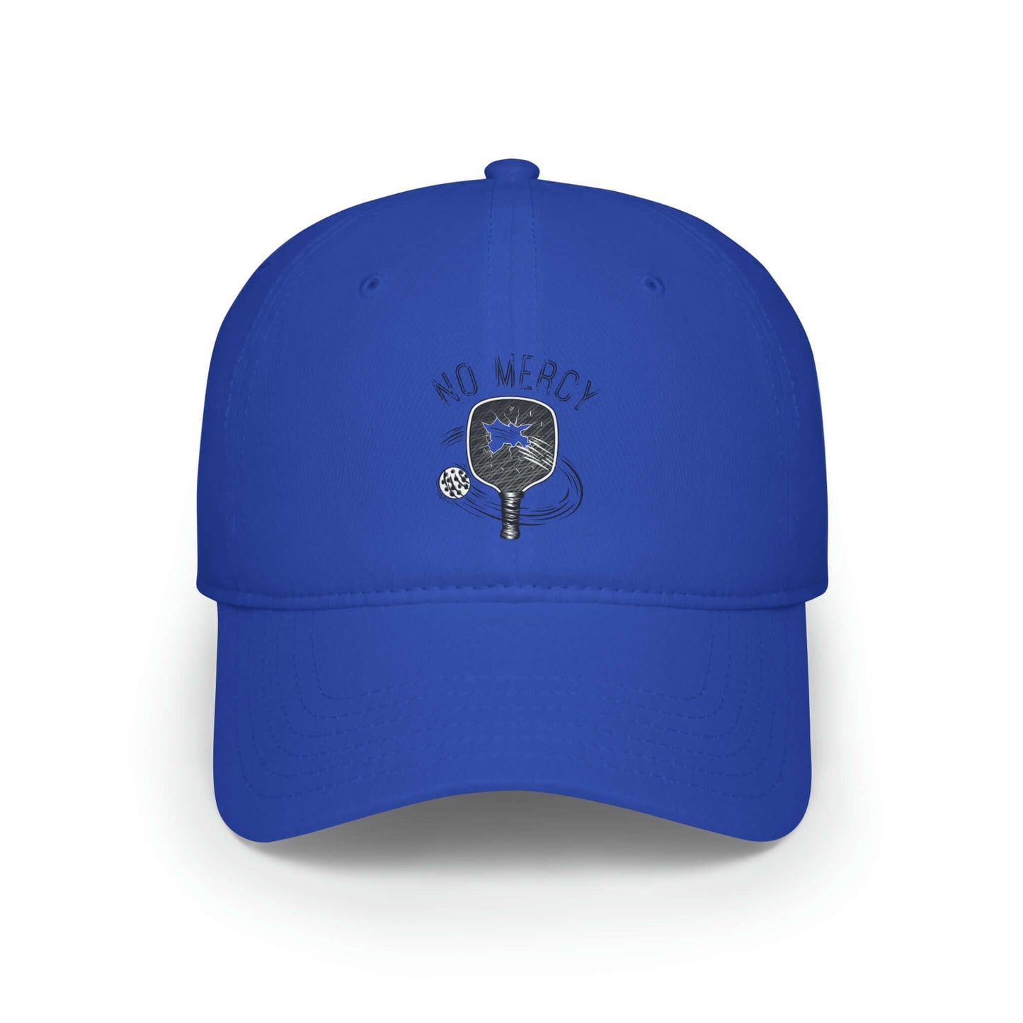 Blue No Mercy Pickleball low-profile baseball cap with embroidered logo, 100% cotton, perfect for sports enthusiasts and court style.