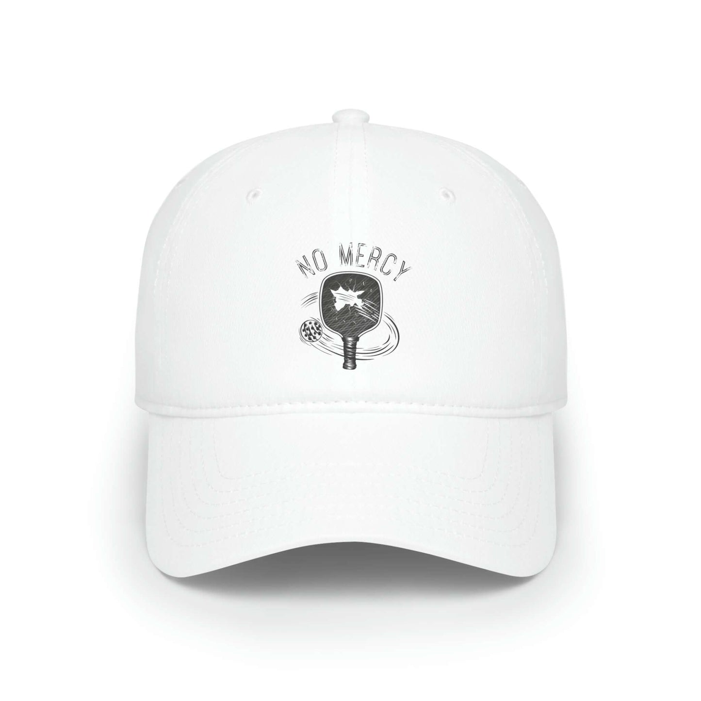 White low-profile baseball cap with "No Mercy" pickleball design, perfect for sports enthusiasts.