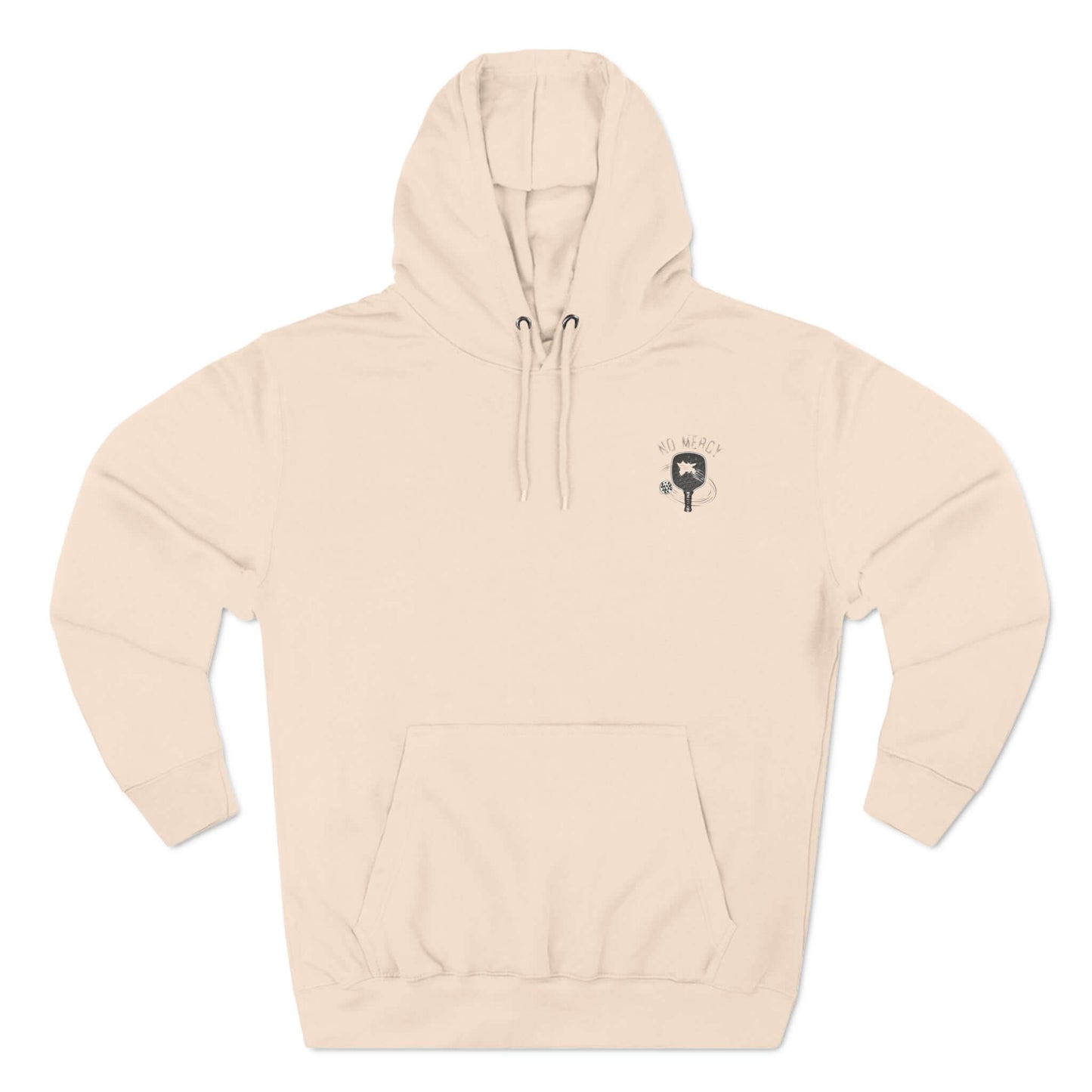 No Mercy Pickleball Series Three-Panel Fleece Hoodie in beige, showcasing durable design and cozy fleece lining for warmth and comfort.