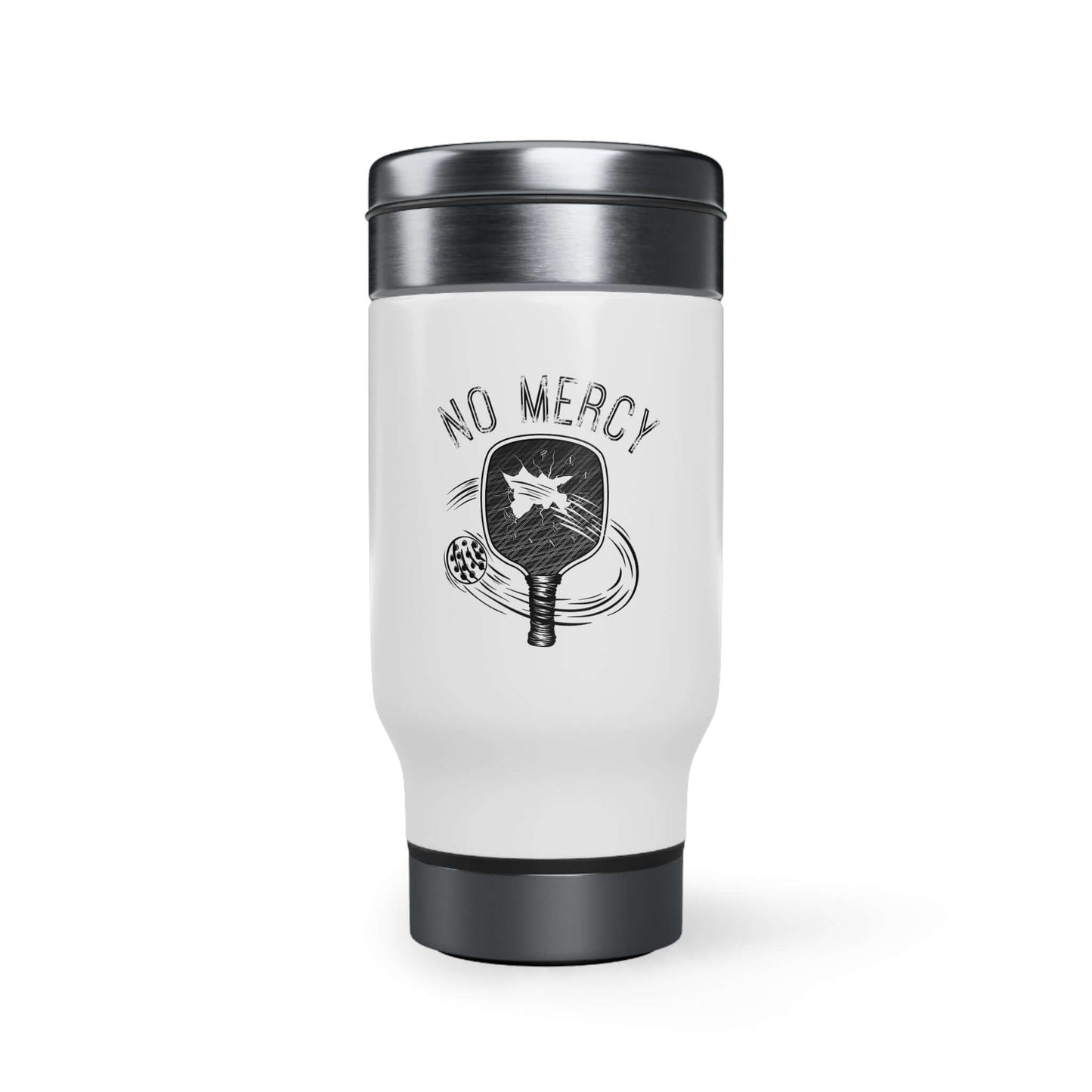 Stainless steel travel mug with handle featuring No Mercy Pickleball design, perfect for outdoor games, 14oz capacity.