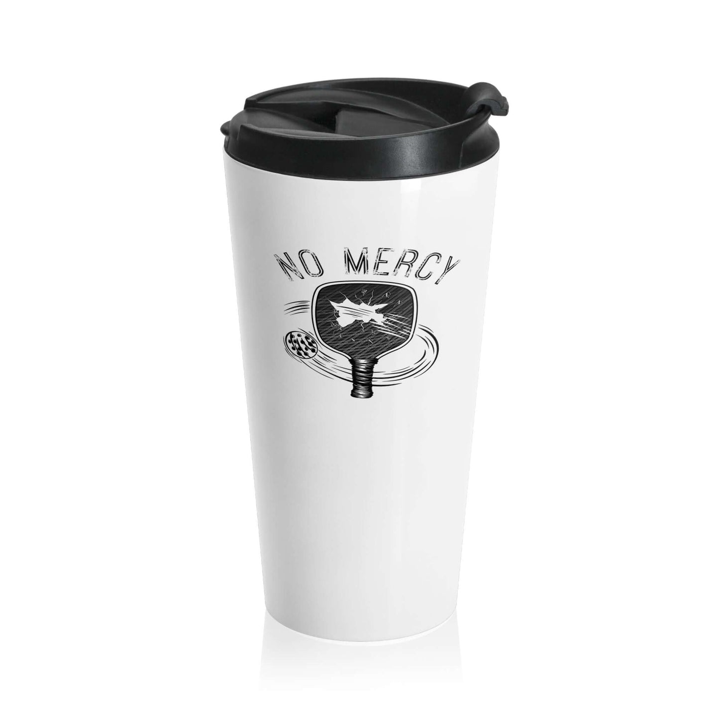 No Mercy Pickleball Series stainless steel travel mug, 15oz, featuring stylish pickleball paddle design, perfect for game day beverages.