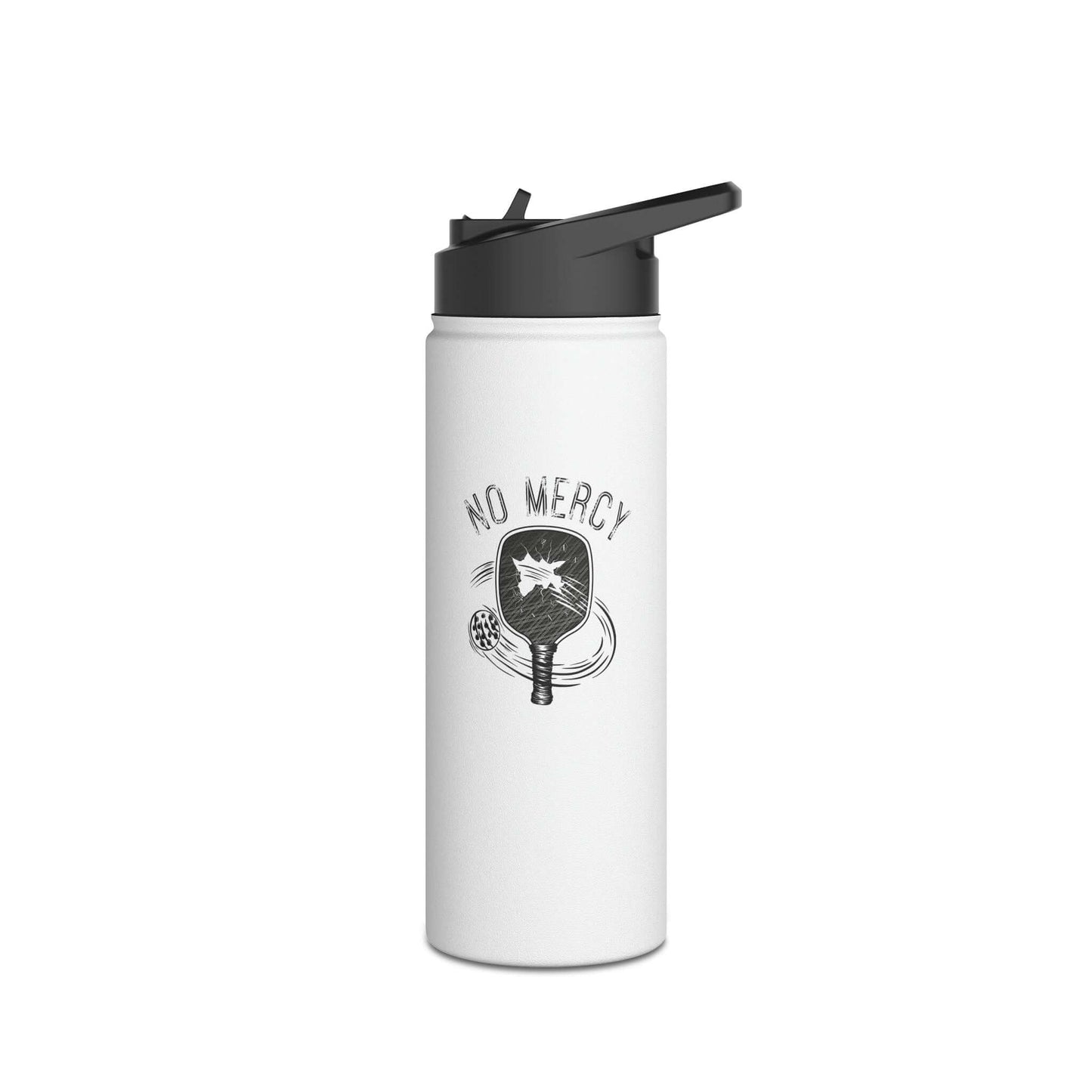 No Mercy Pickleball stainless steel water bottle with standard lid, featuring a pickleball theme design.