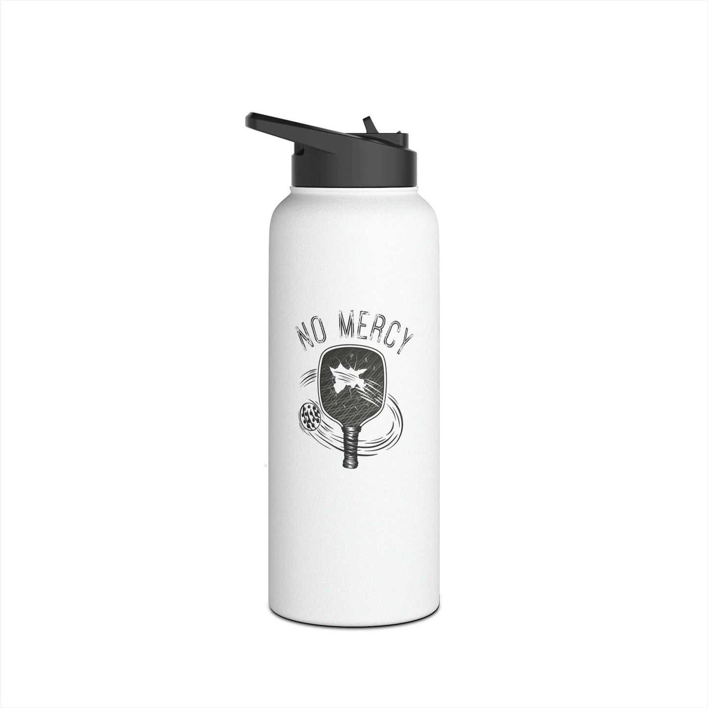 No Mercy Pickleball Series stainless steel water bottle with standard lid, featuring a sporty pickleball paddle design.