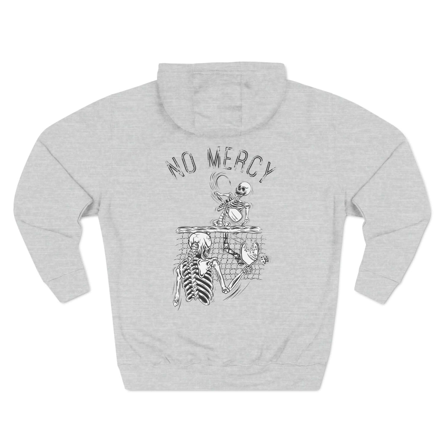 "No Mercy Pickleball Series Three-Panel Fleece Hoodie with skeleton design on the back, ideal for staying warm and focused on the court."