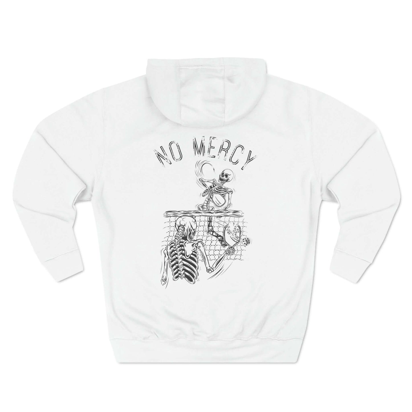 No Mercy Pickleball Series Three-Panel Fleece Hoodie with graphic design on the back, perfect for staying warm on the court.