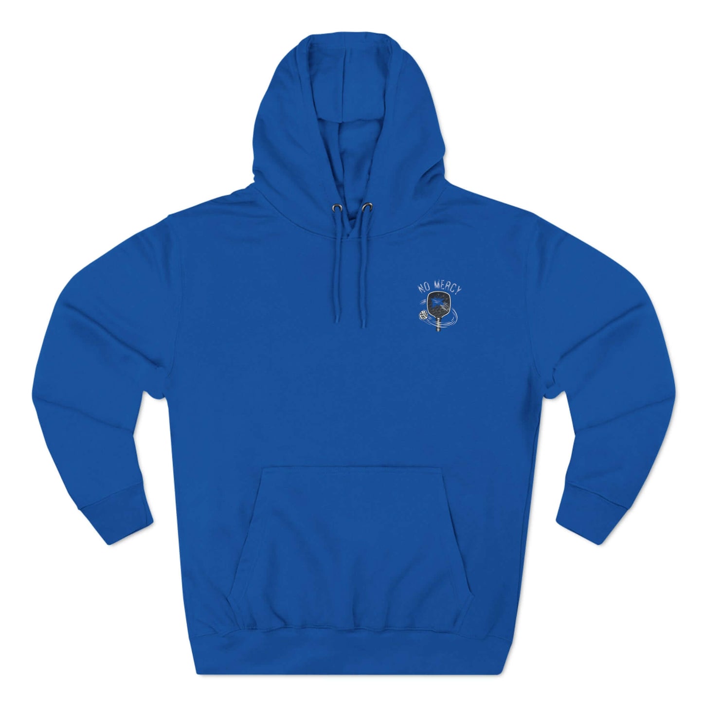 Blue "No Mercy" Pickleball Series Fleece Hoodie with front pocket and hood.