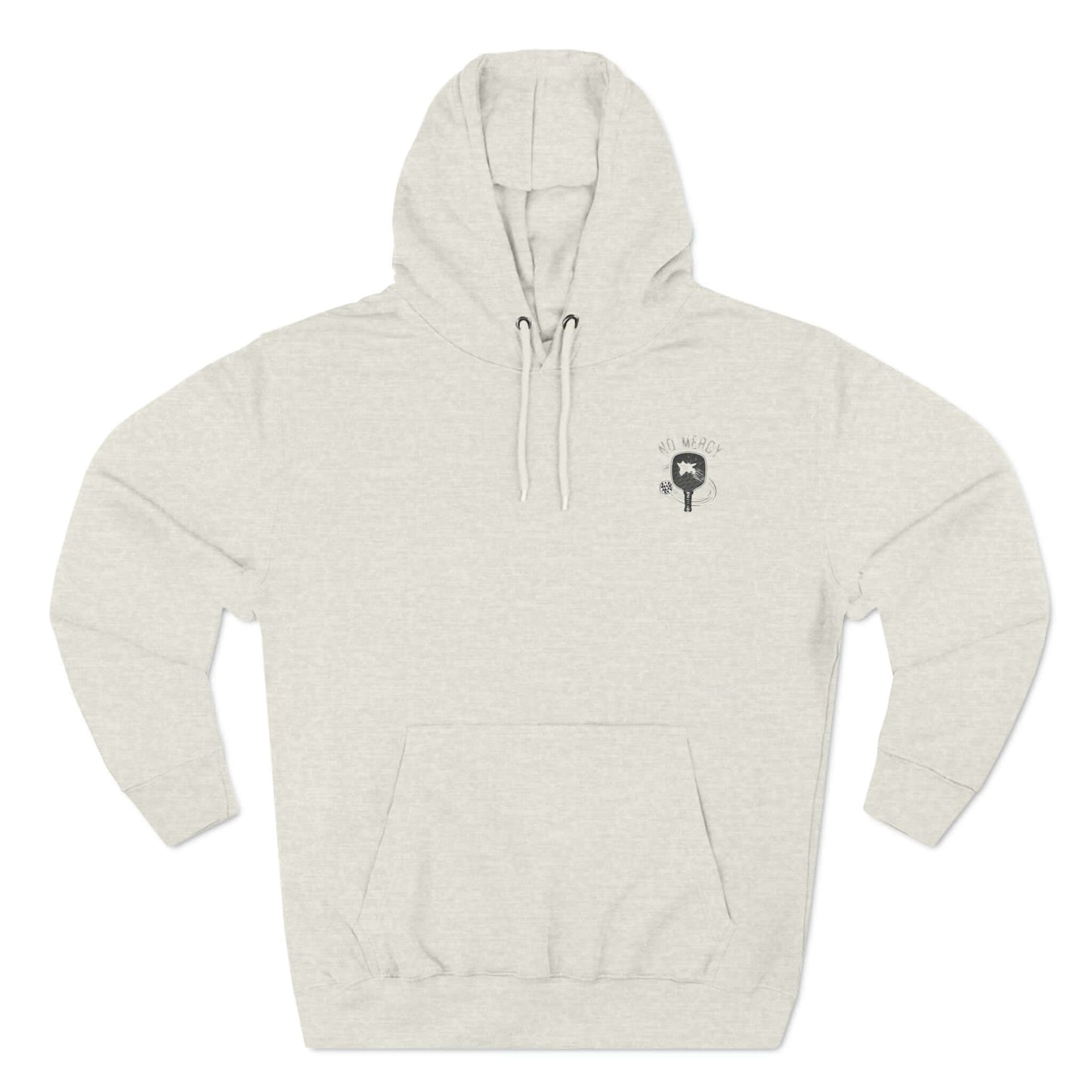 No Mercy Pickleball Series Three-Panel Fleece Hoodie in light gray, featuring front logo, perfect for warmth and comfort on the court.