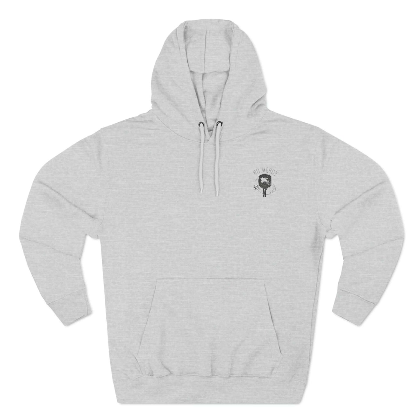 Gray No Mercy Pickleball Series Three-Panel Fleece Hoodie with logo, designed for warmth and comfort on the pickleball court.