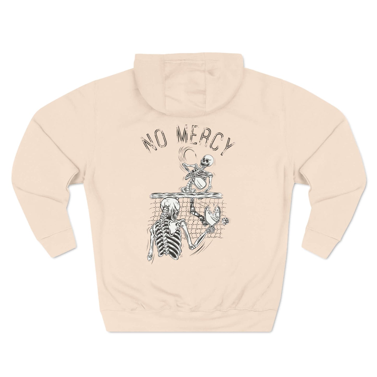 No Mercy Pickleball Series Three-Panel Fleece Hoodie with skeleton design on back, perfect for staying warm and competitive on the court.