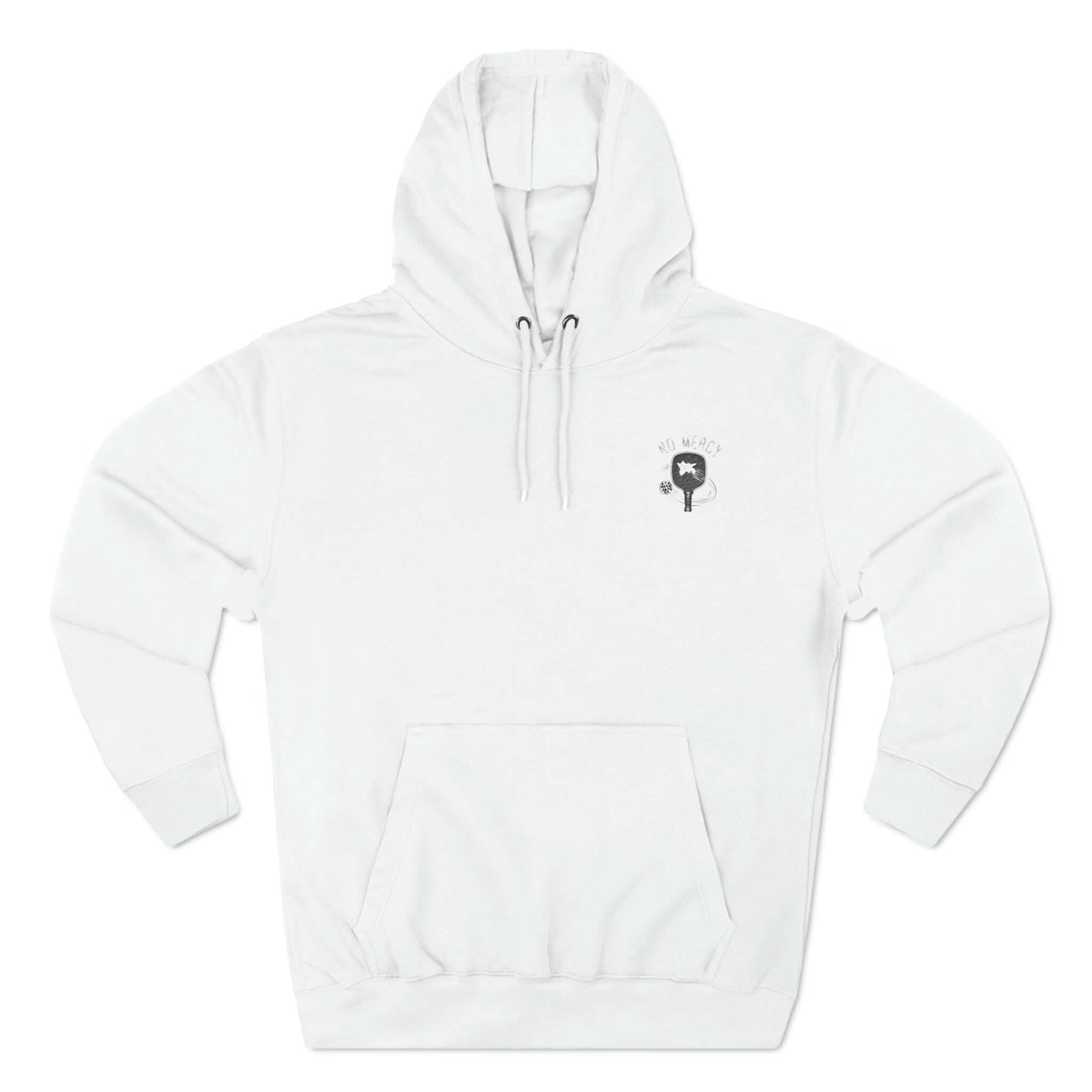 White fleece hoodie from the No Mercy Pickleball Series featuring a stylish design and warm three-panel construction.