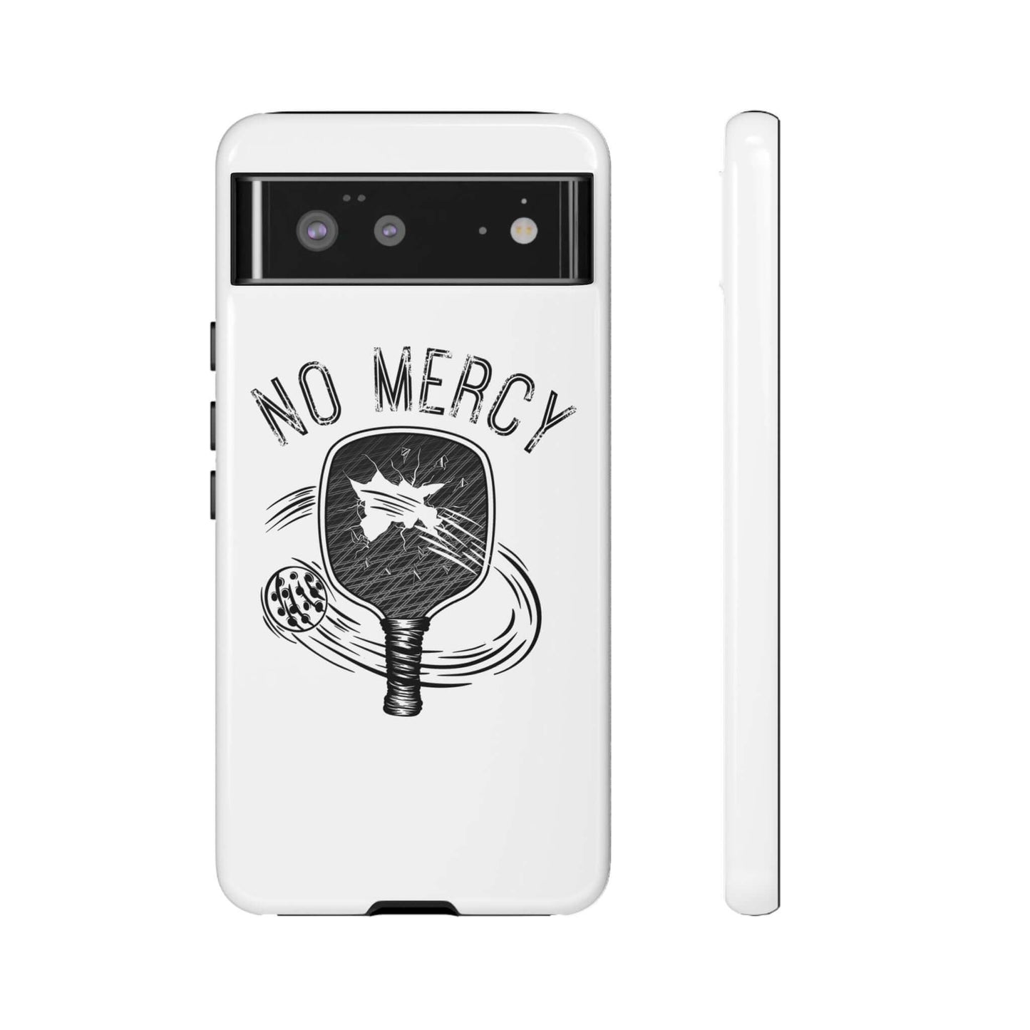 "No Mercy Pickleball Tough Phone Case for Google Pixel, featuring a sleek design with pickleball graphics and text."