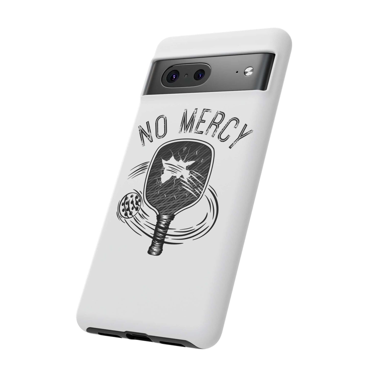 Pickleball No Mercy tough phone case for Google Pixel, featuring durable polycarbonate design with paddle graphic.
