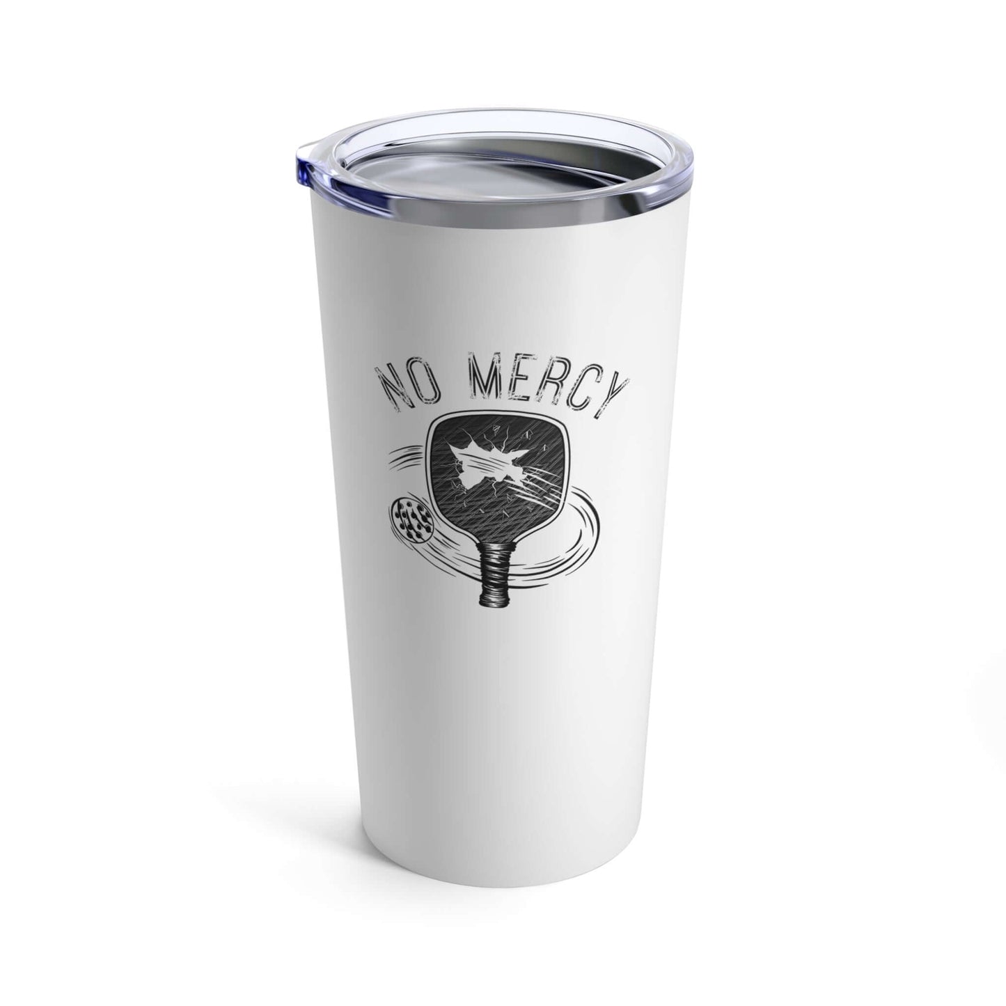 No Mercy Pickleball Series 20oz Tumbler with paddle design, stainless steel, double-wall insulation for hot or cold drinks.