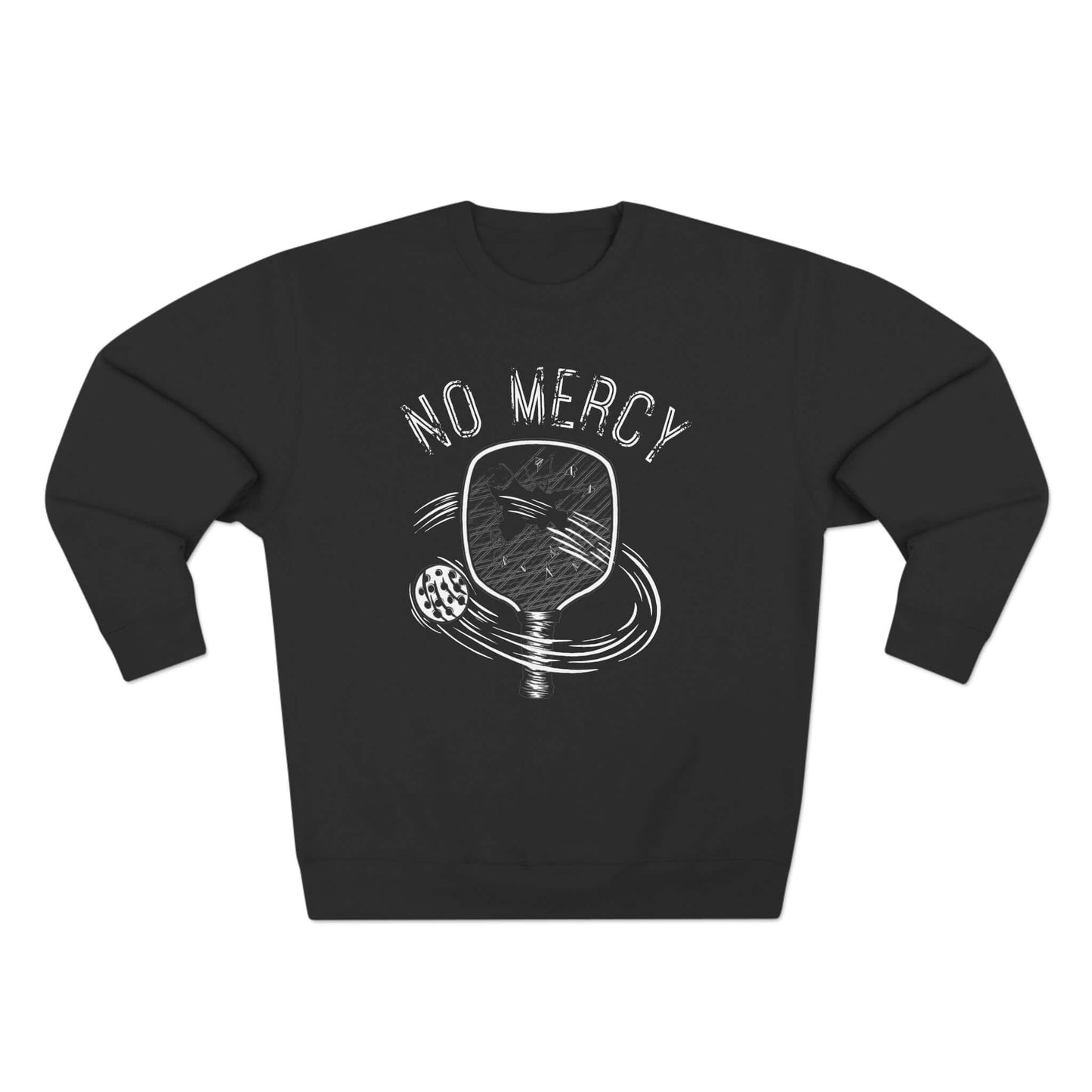 No Mercy Pickleball Series unisex crewneck sweatshirt in black featuring a pickleball paddle and ball graphic design.