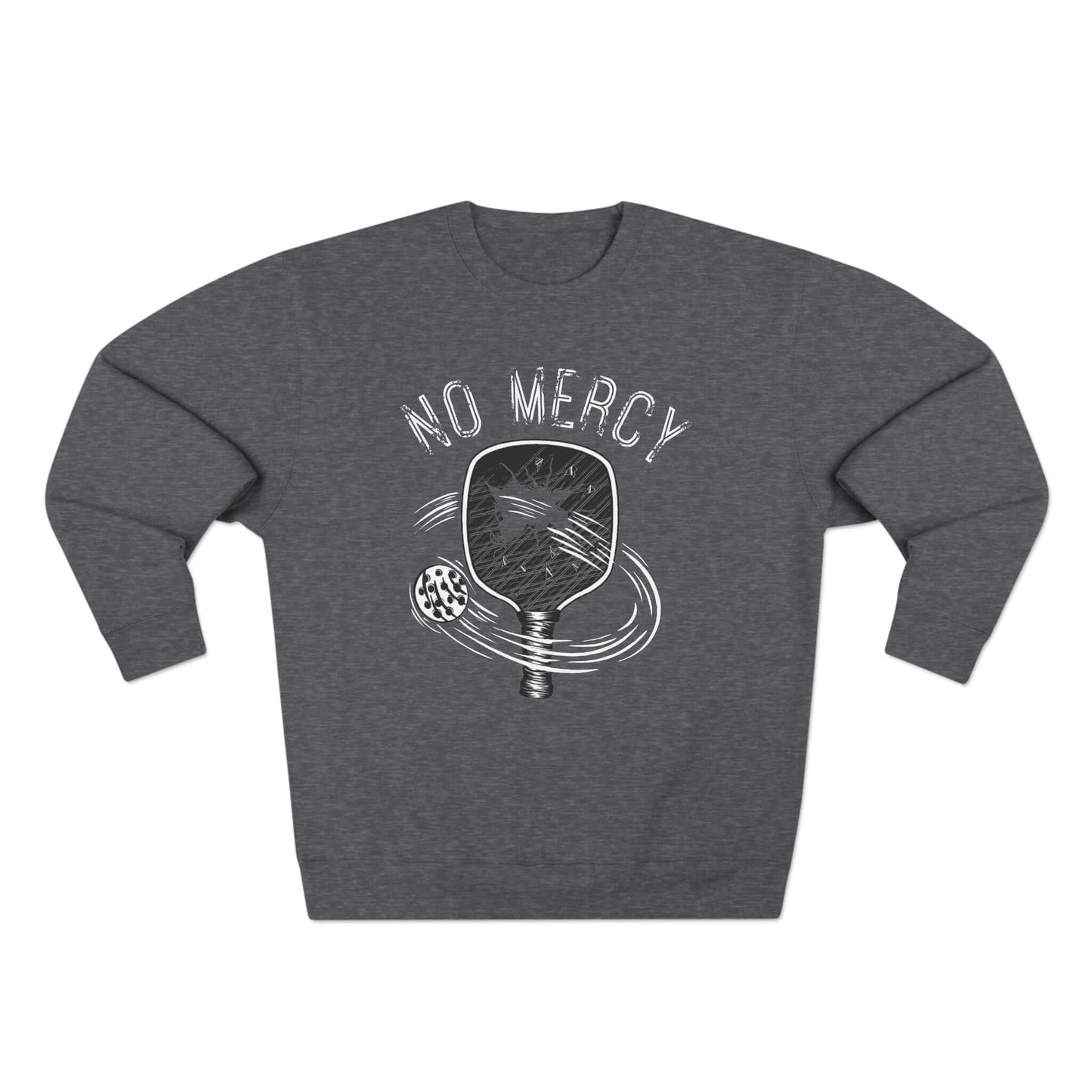 Charcoal gray crewneck sweatshirt featuring "No Mercy" graphic with a pickleball paddle and ball design.