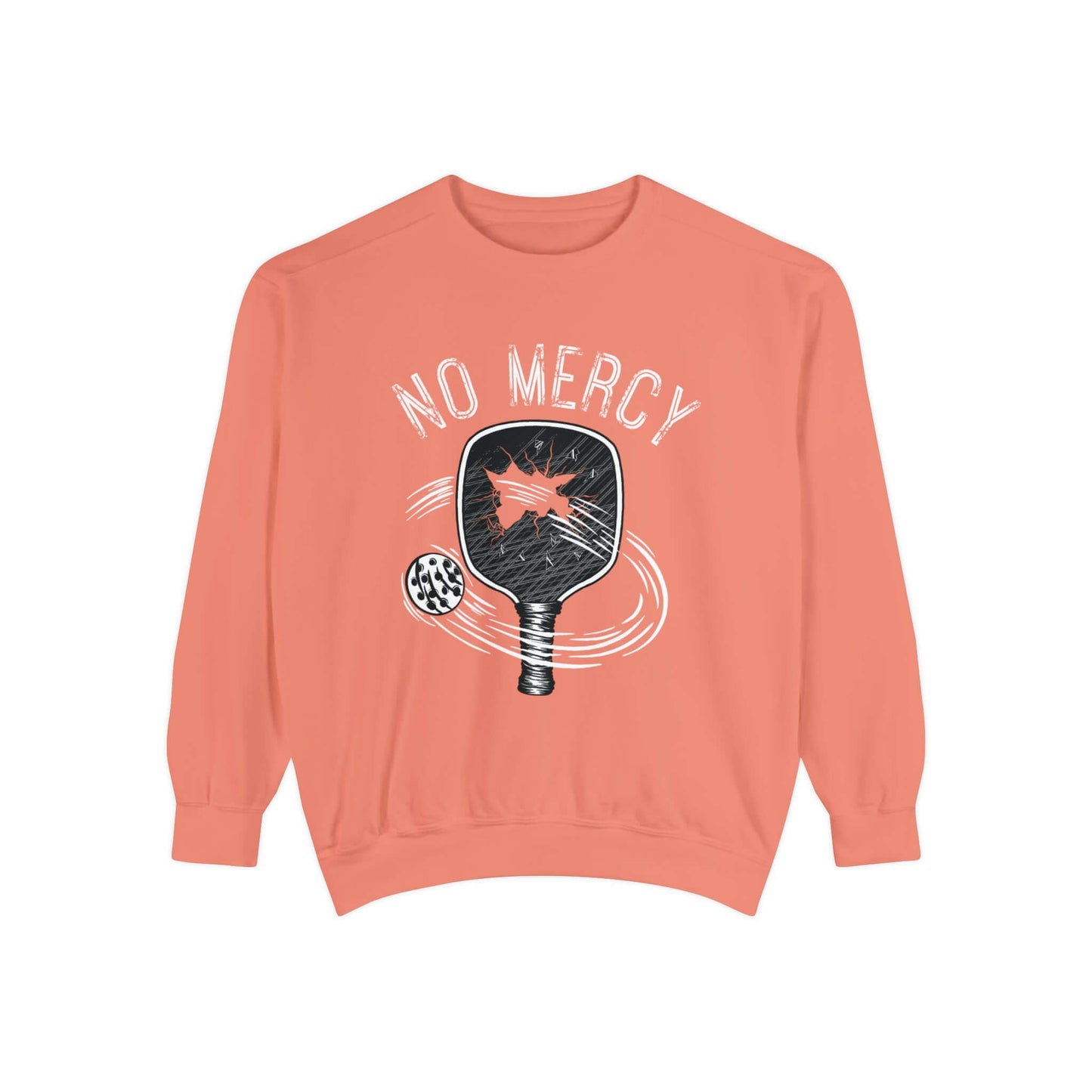 Unisex garment-dyed sweatshirt with "No Mercy" pickleball design in luxury style, ideal for on and off court activities.