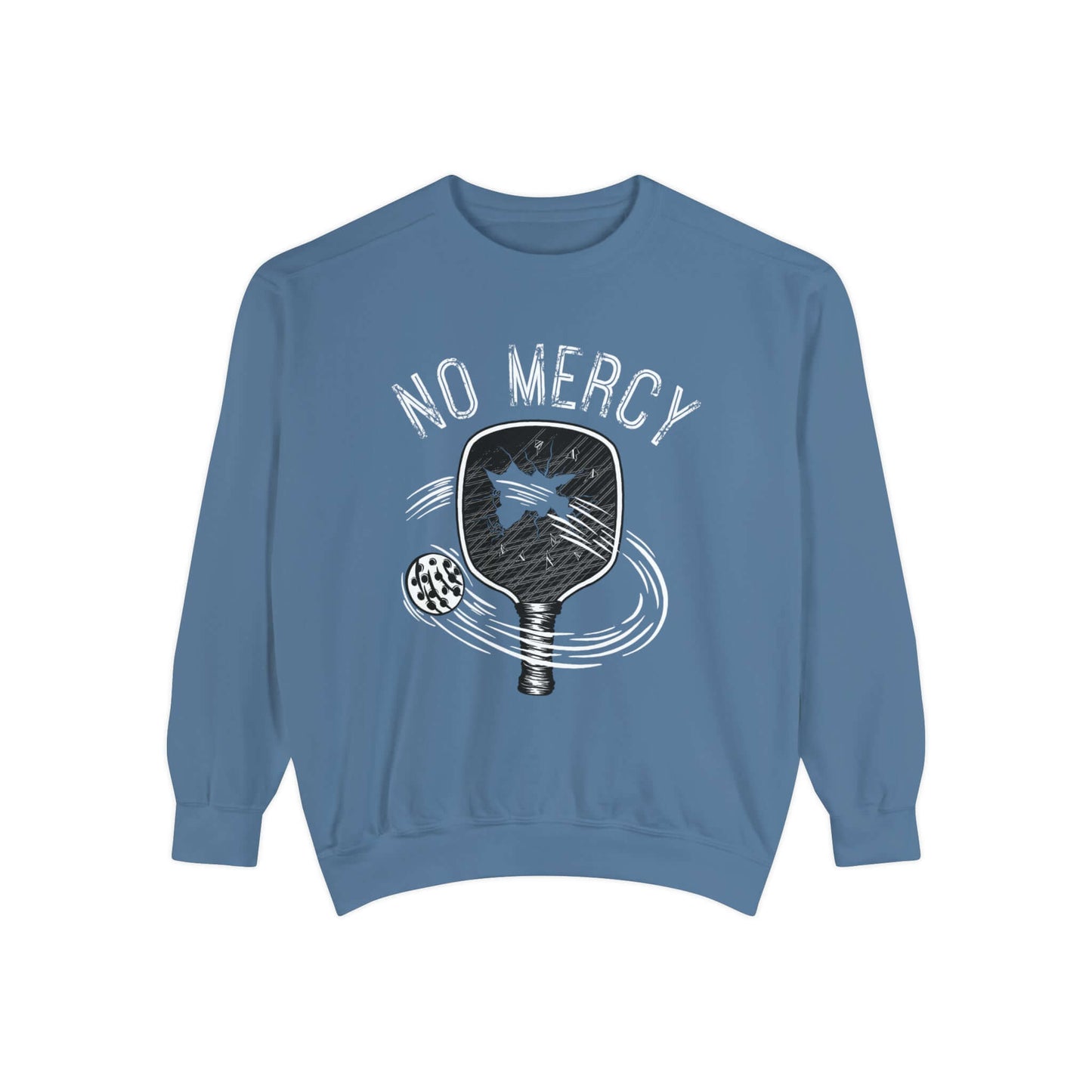 Unisex blue sweatshirt with a pickleball paddle graphic and "No Mercy" text, perfect for pickleball enthusiasts.