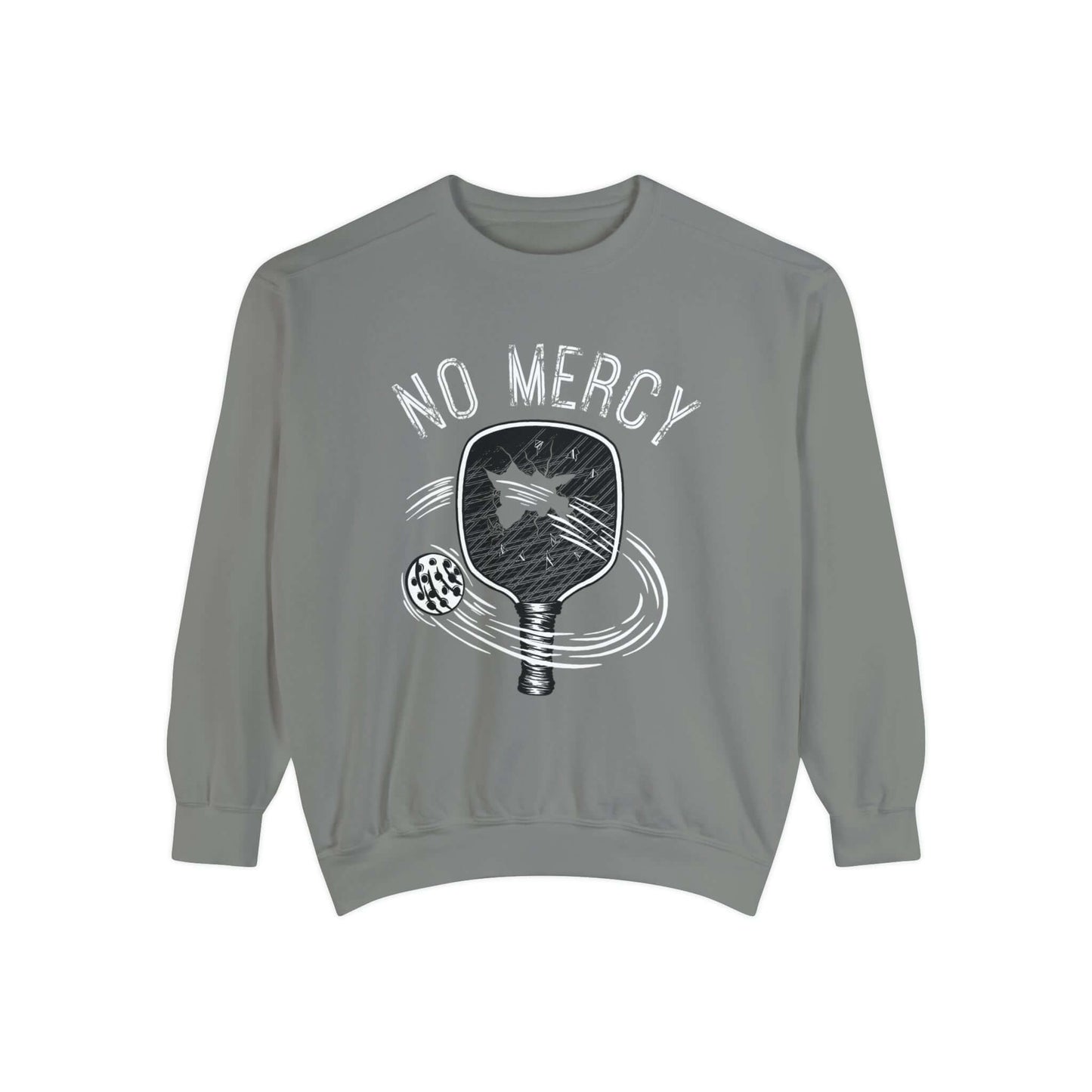No Mercy Pickleball Series Unisex Garment-Dyed Sweatshirt in Gray with Pickleball Paddle Design