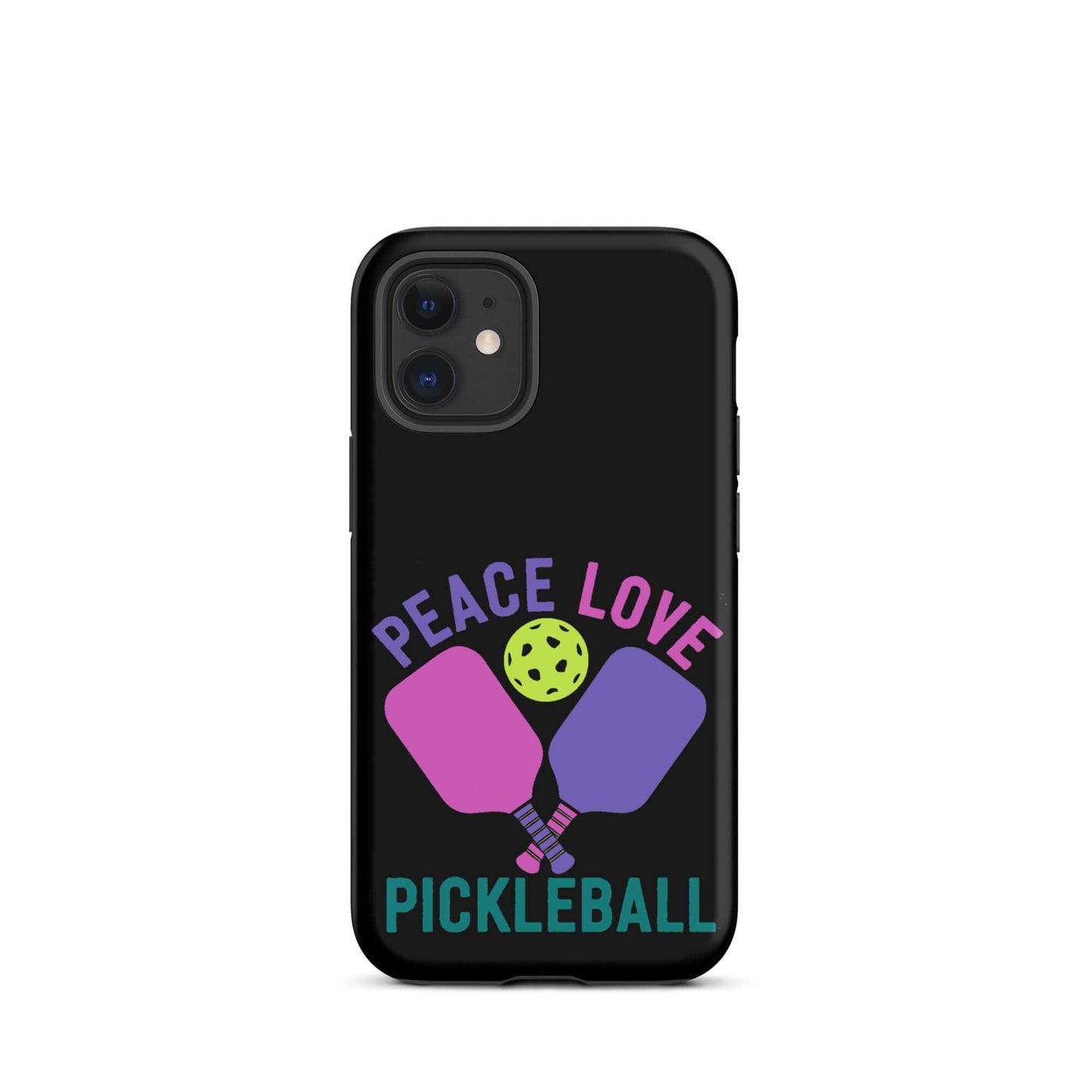 Peace, Love, Pickleball black tough case for iPhone® featuring paddles and a ball design.