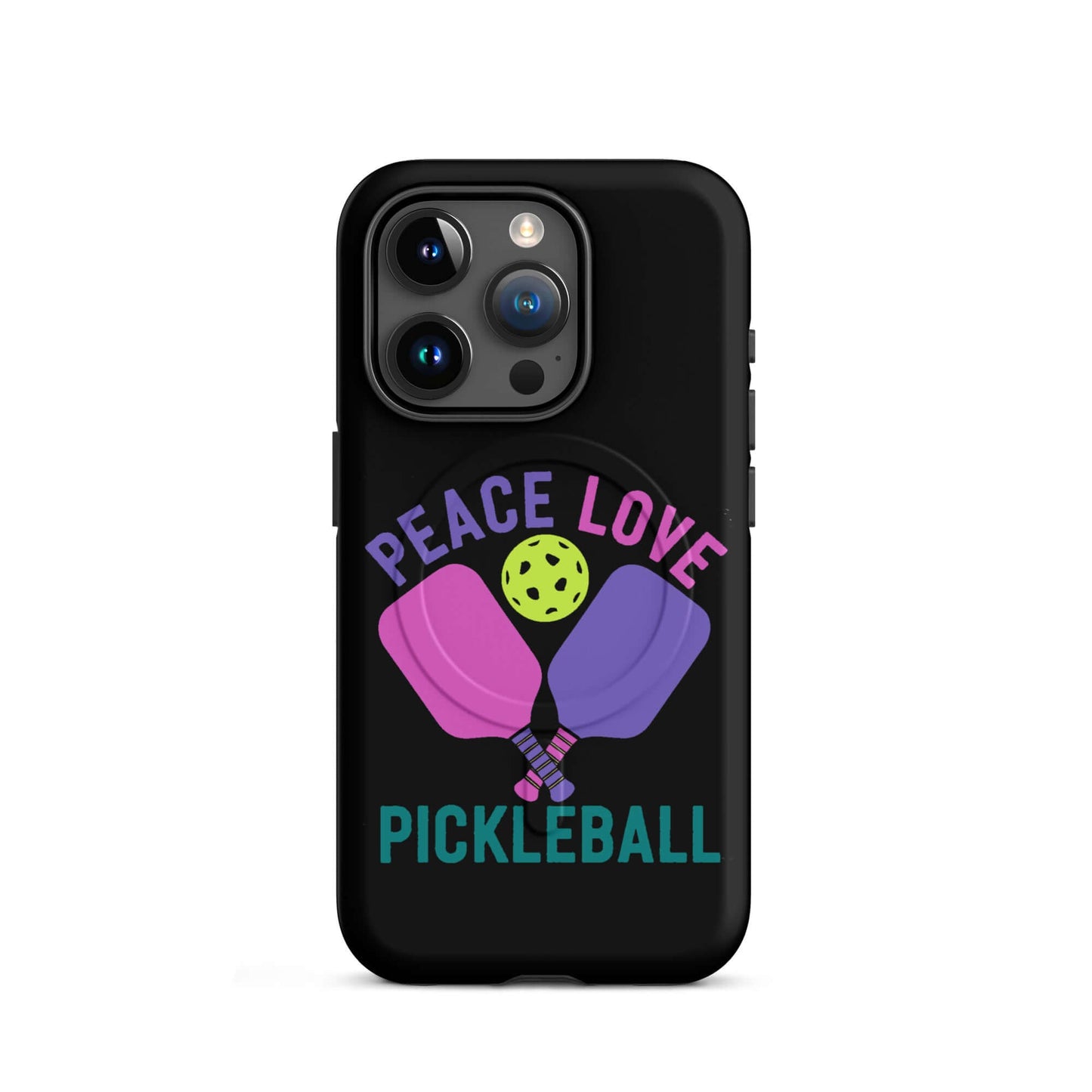 Peace Love Pickleball Black MagSafe Tough Case for iPhone with colorful paddles and ball design.