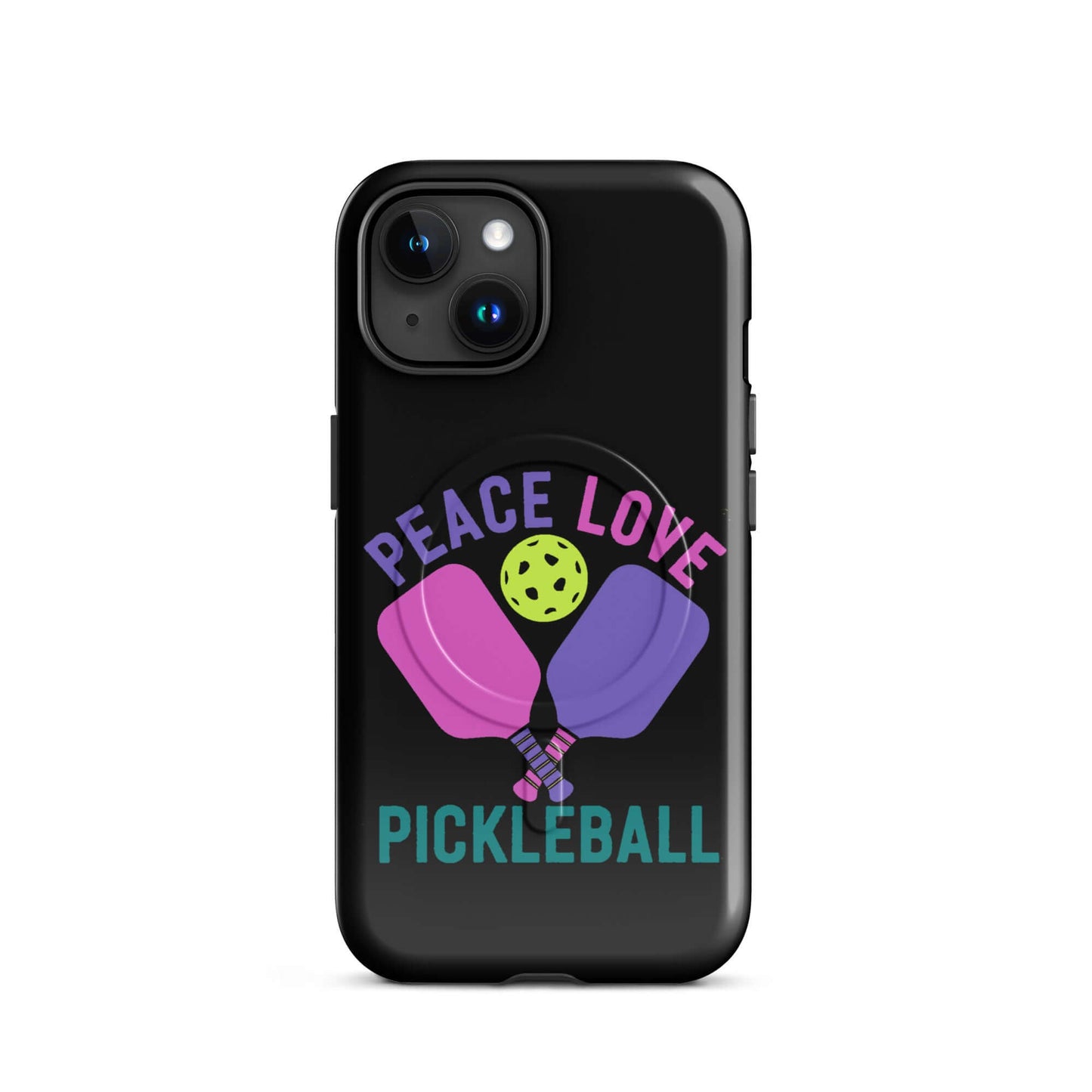 Black MagSafe® Tough Case for iPhone® with Peace, Love, and Pickleball design featuring paddles and a ball.