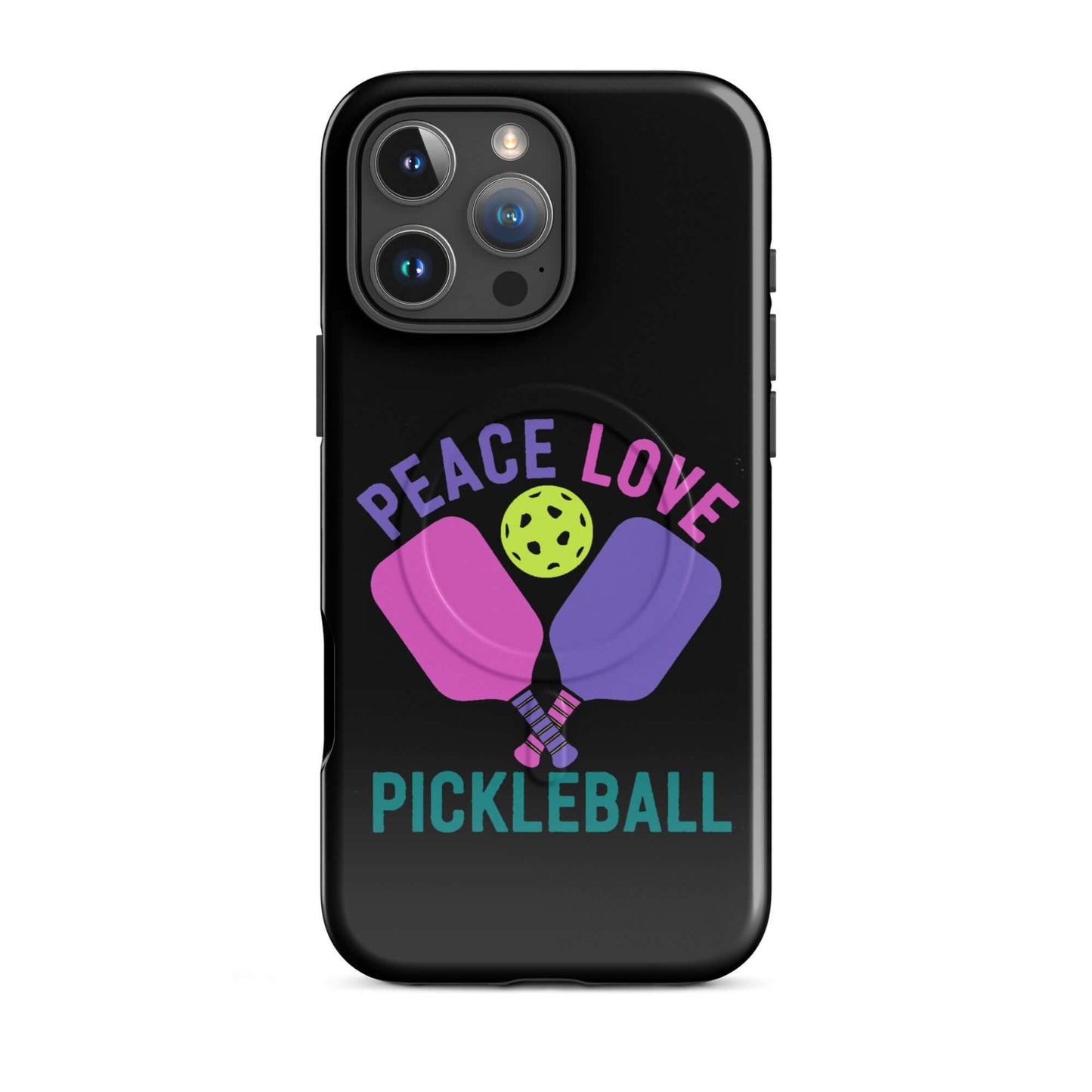 Peace Love Pickleball iPhone case featuring paddles and a pickleball logo, perfect for fans of the sport.