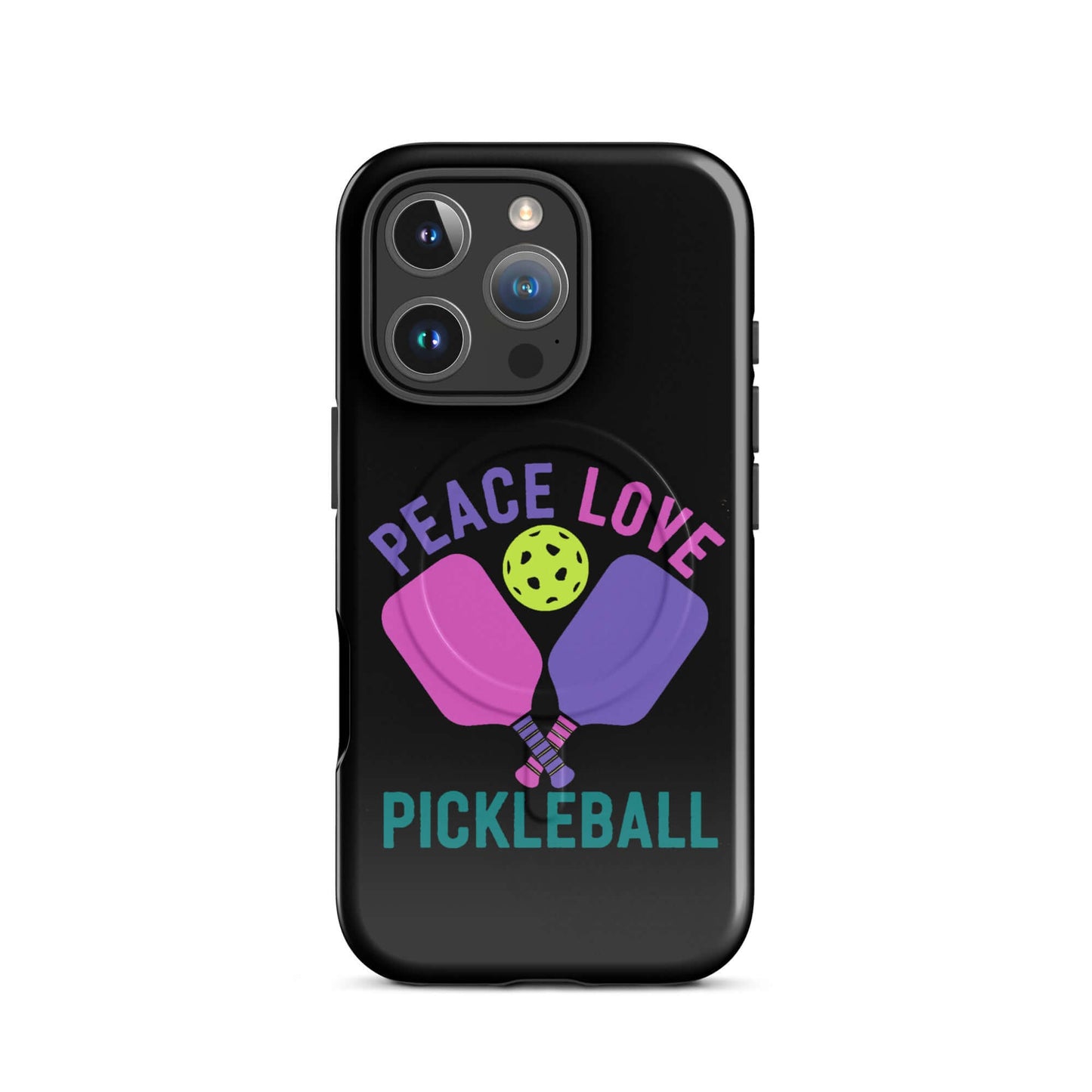 Peace, Love, Pickleball black MagSafe Tough Case for iPhone featuring paddles and pickleball design.
