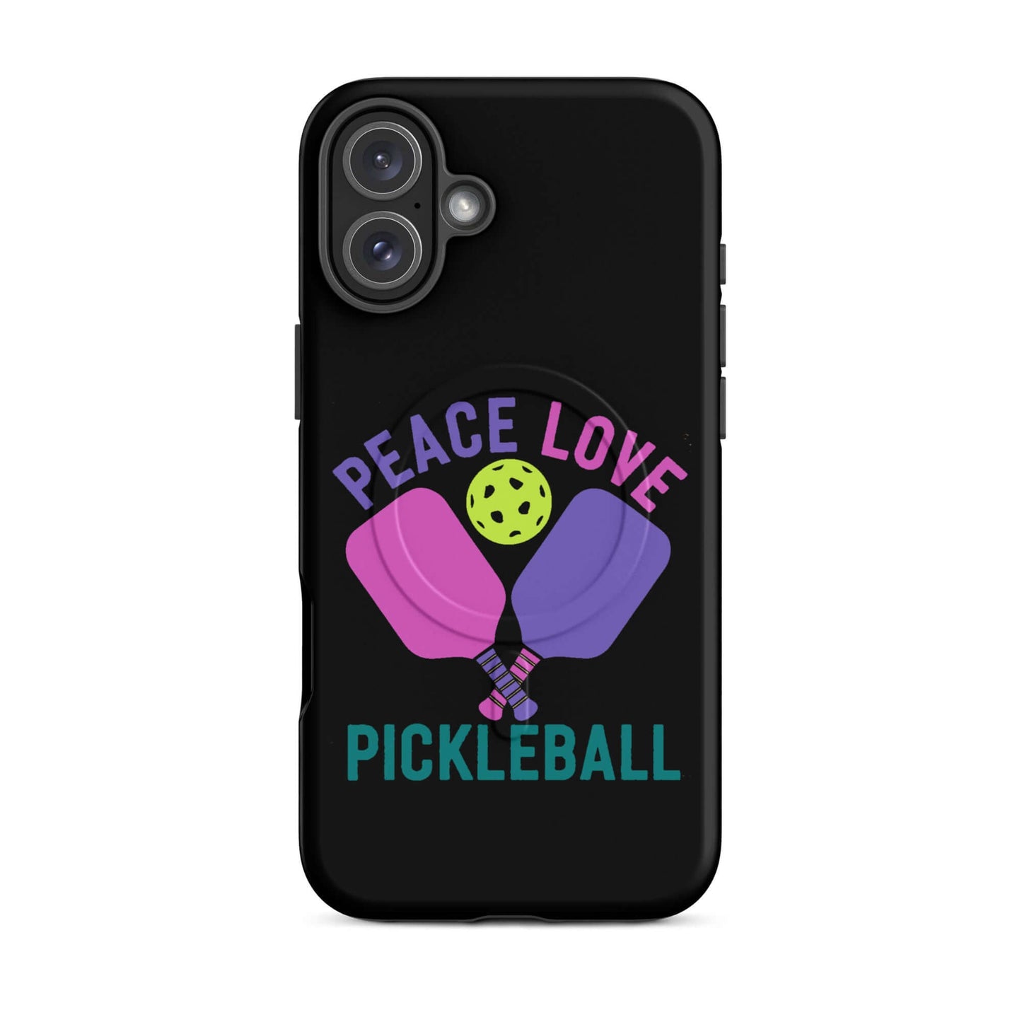 Peace, Love, Pickleball black MagSafe Tough Case for iPhone with colorful paddles and pickleball.
