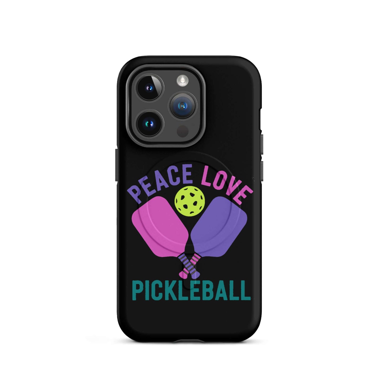 Peace Love Pickleball black iPhone case featuring colorful paddles and a ball, perfect for fans of the sport.