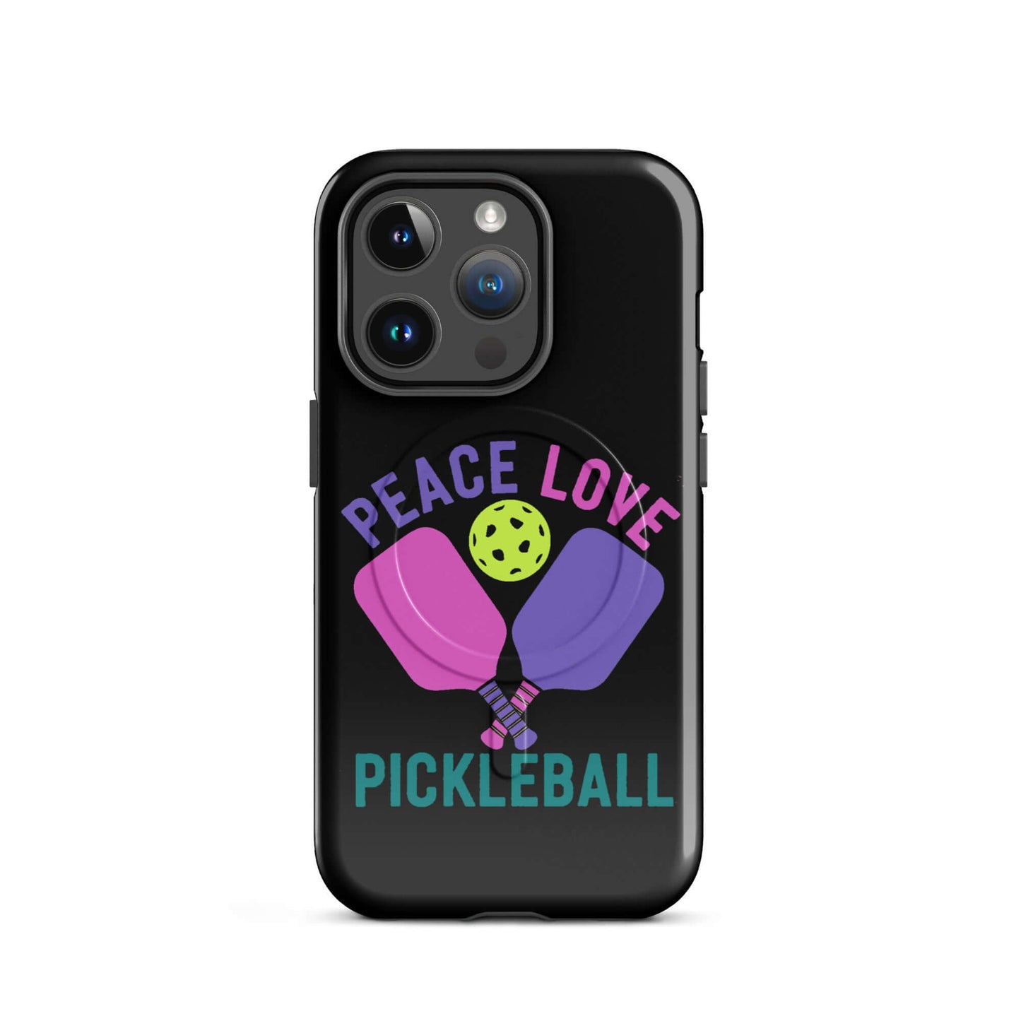 Black MagSafe® Tough Case for iPhone® with Peace, Love, Pickleball design and paddles.