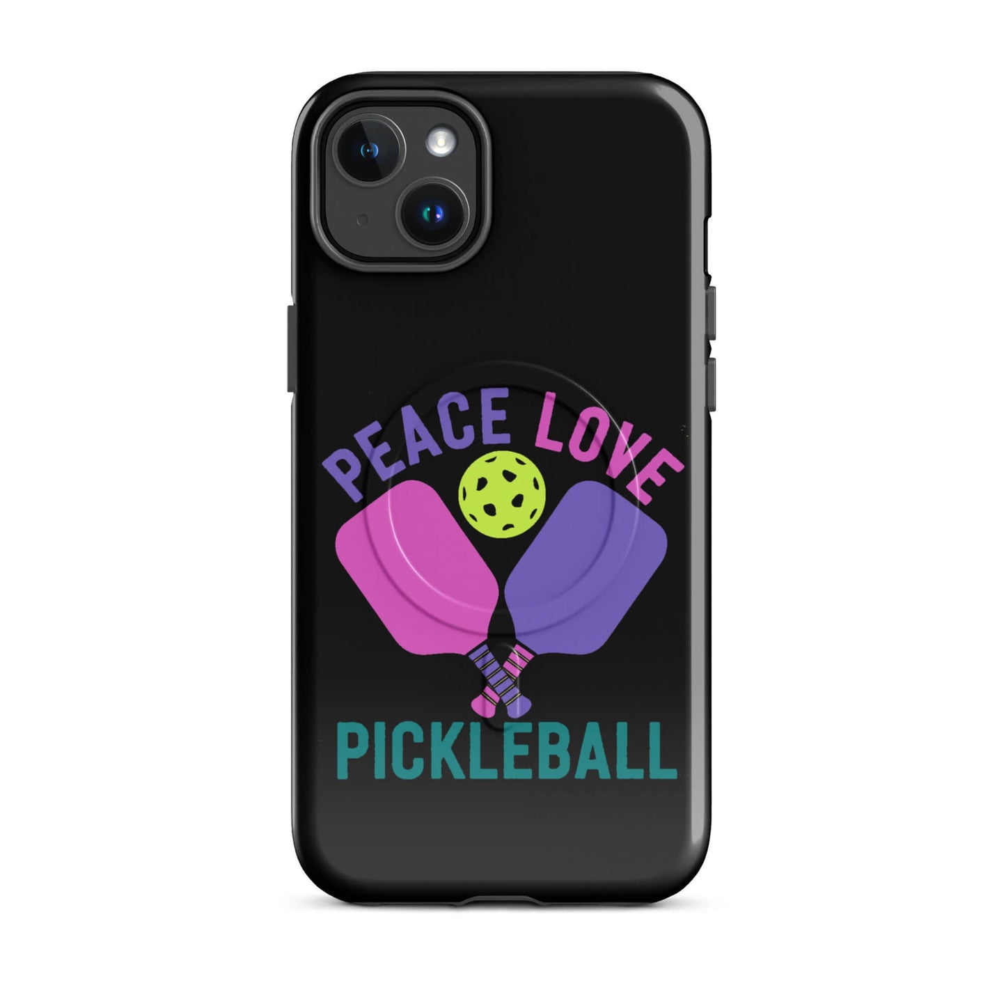 Peace, Love, Pickleball Black MagSafe® Tough Case for iPhone with pickleball paddles and ball design.
