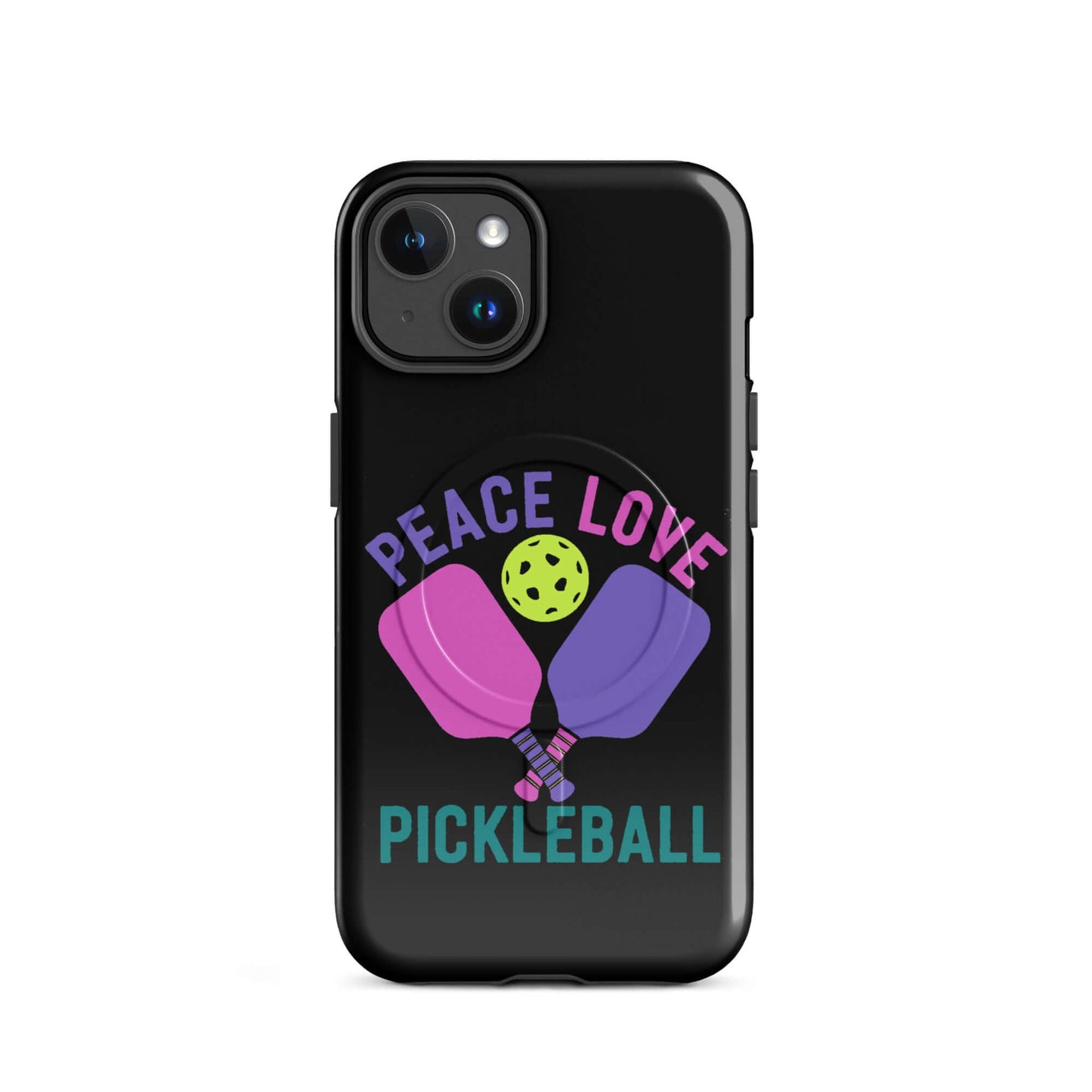Peace Love Pickleball black iPhone case with paddle design and green pickleball icon