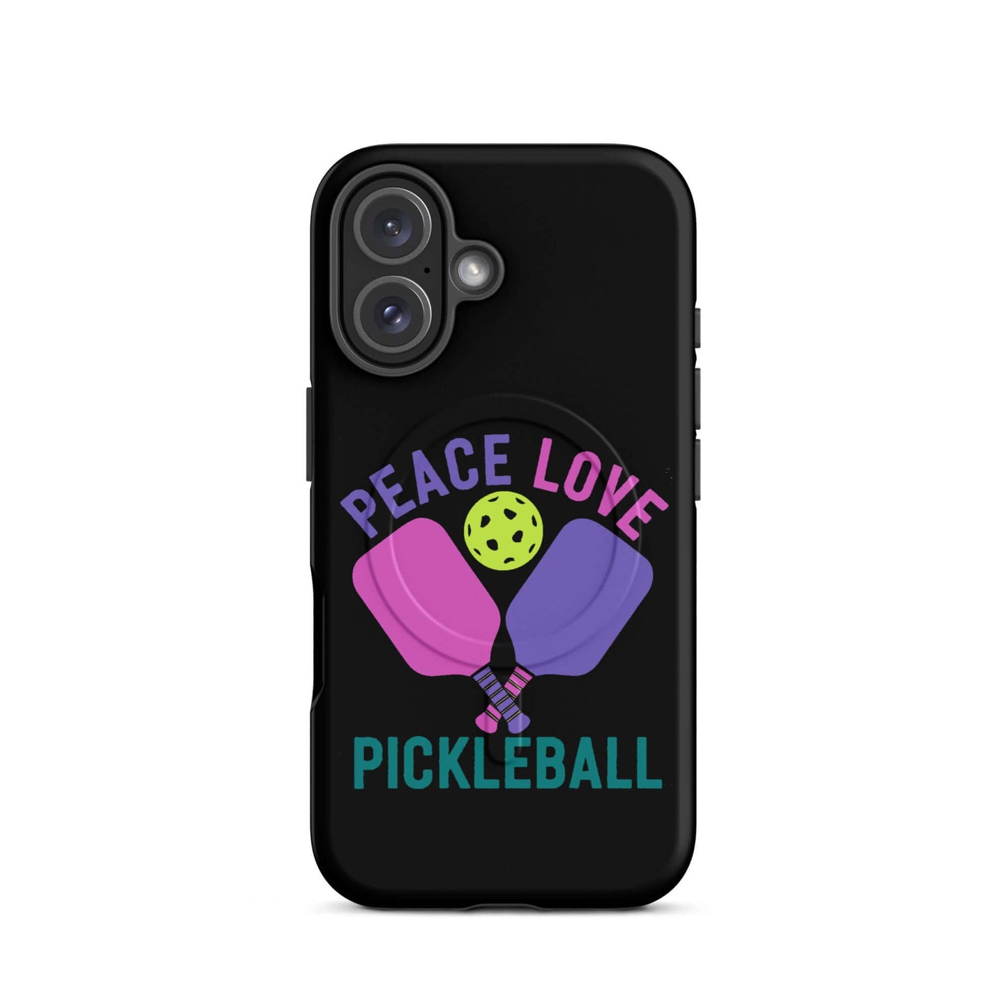 Peace, Love, Pickleball black MagSafe Tough Case for iPhone with colorful paddles and ball design.