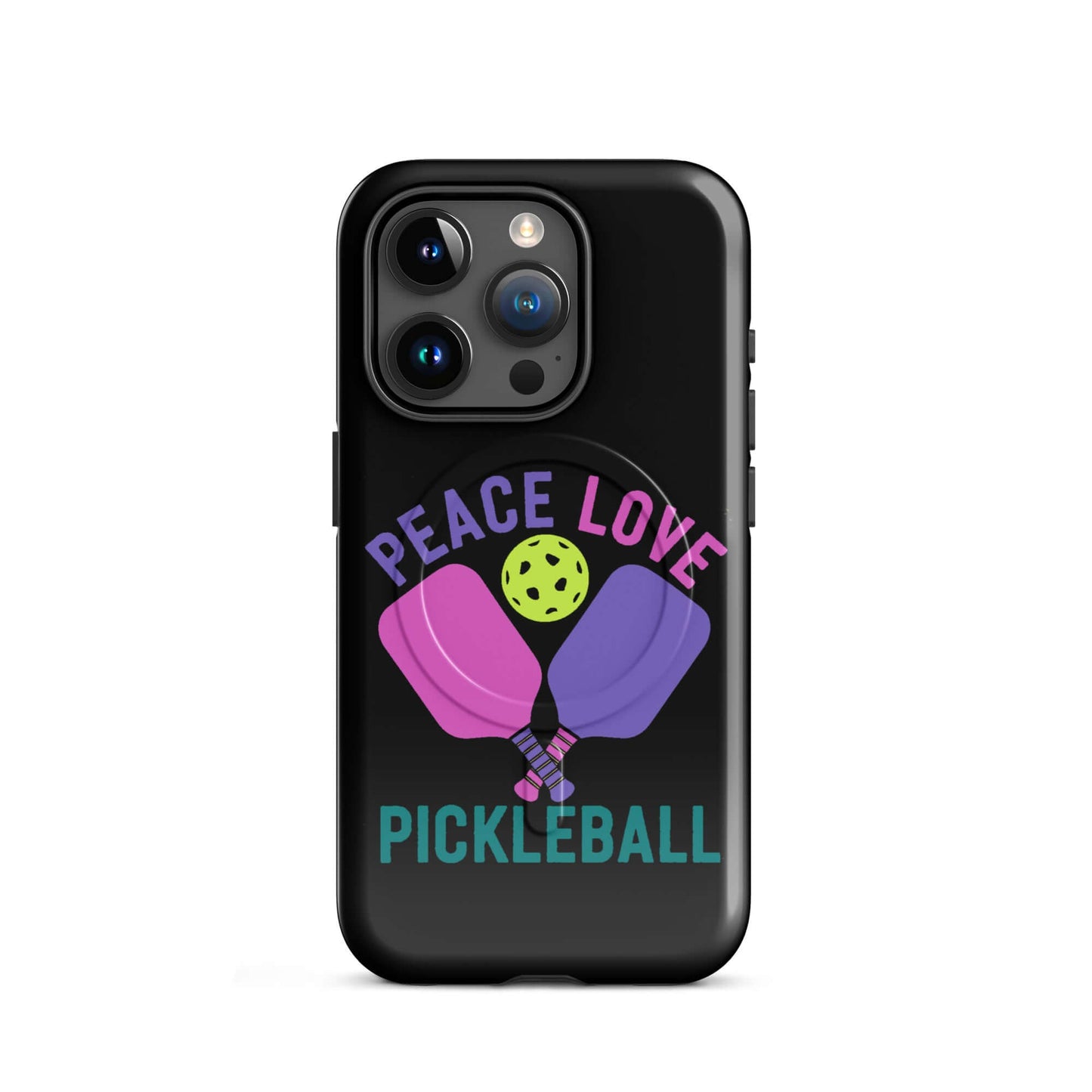 Peace Love Pickleball black MagSafe Tough Case for iPhone with colorful paddles and ball design.