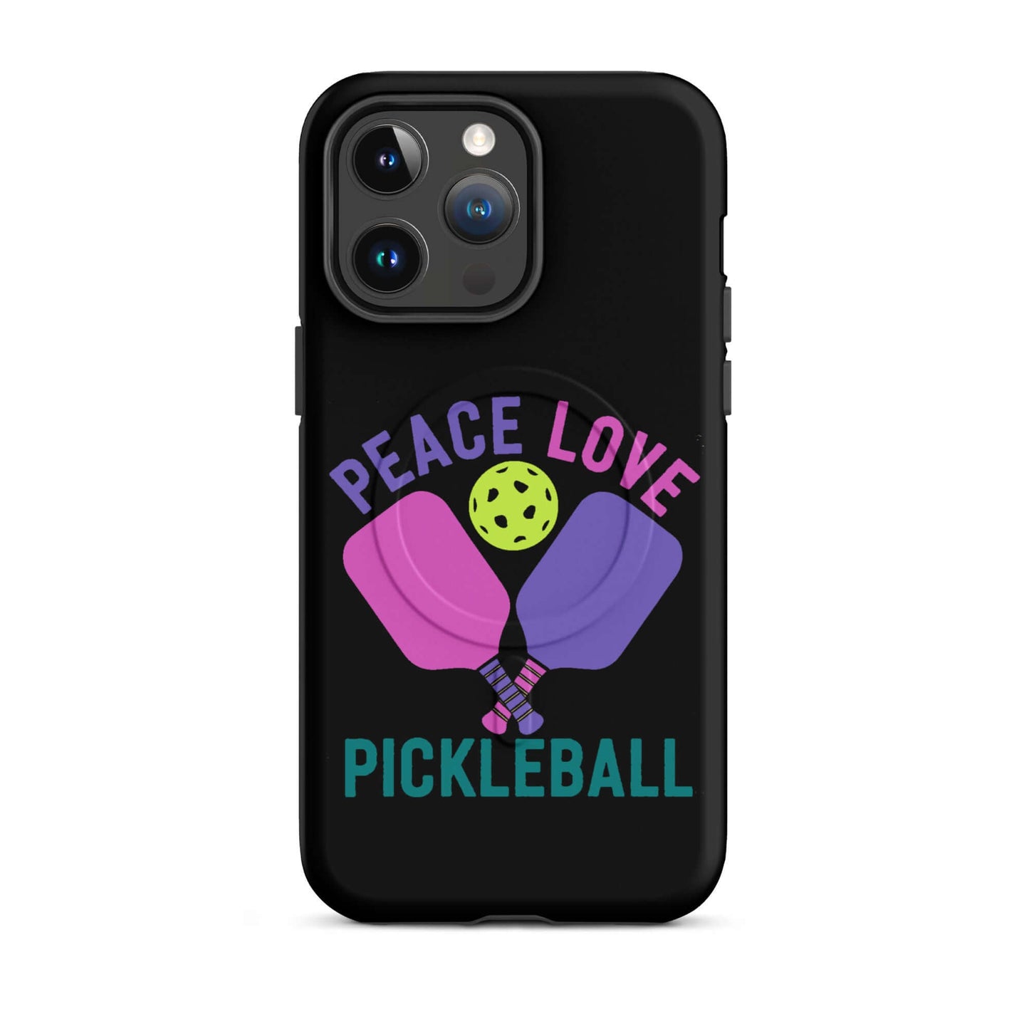 Peace, Love, Pickleball iPhone case featuring paddles and a ball, stylish and protective design.
