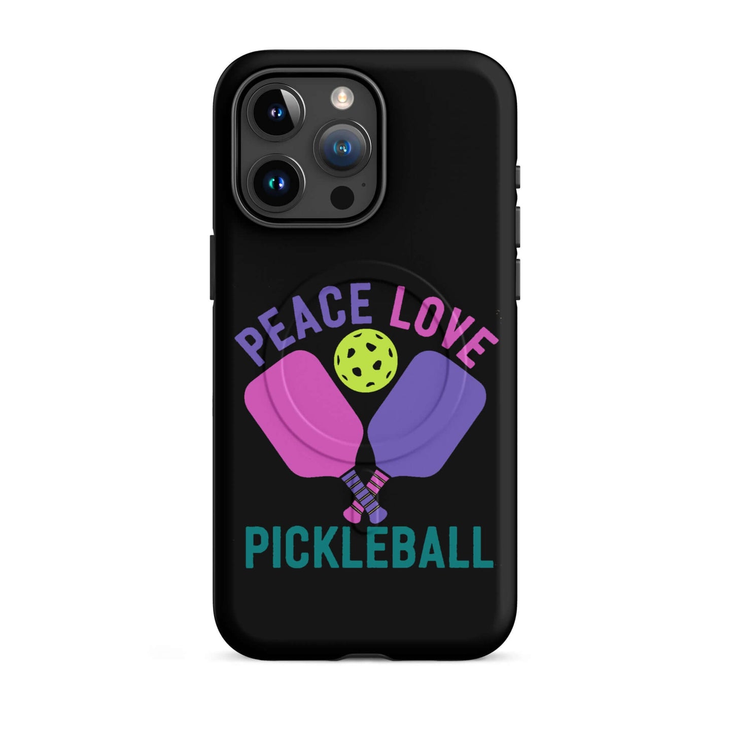 Peace, Love, Pickleball black MagSafe tough case design for iPhone featuring paddles and pickleball.