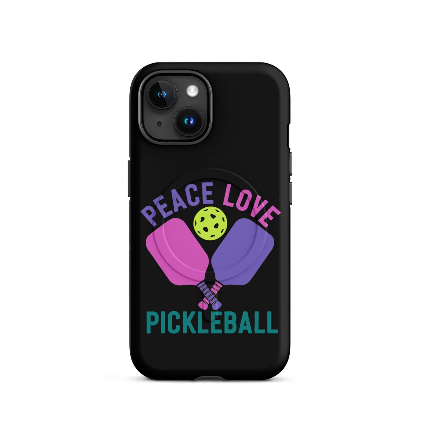 Peace Love Pickleball Black MagSafe Tough Case for iPhone with colorful paddles and pickleball design.