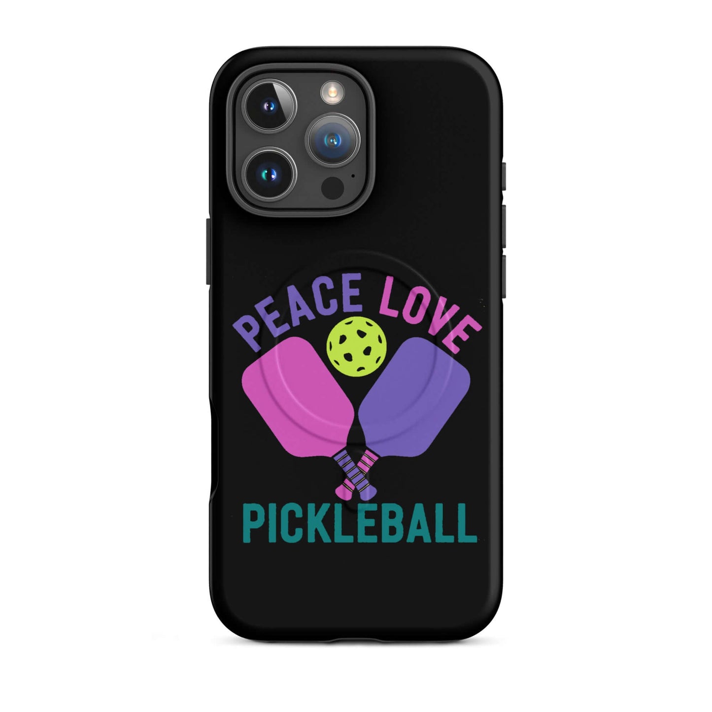 Peace Love Pickleball black MagSafe Tough Case for iPhone with paddle and ball design.